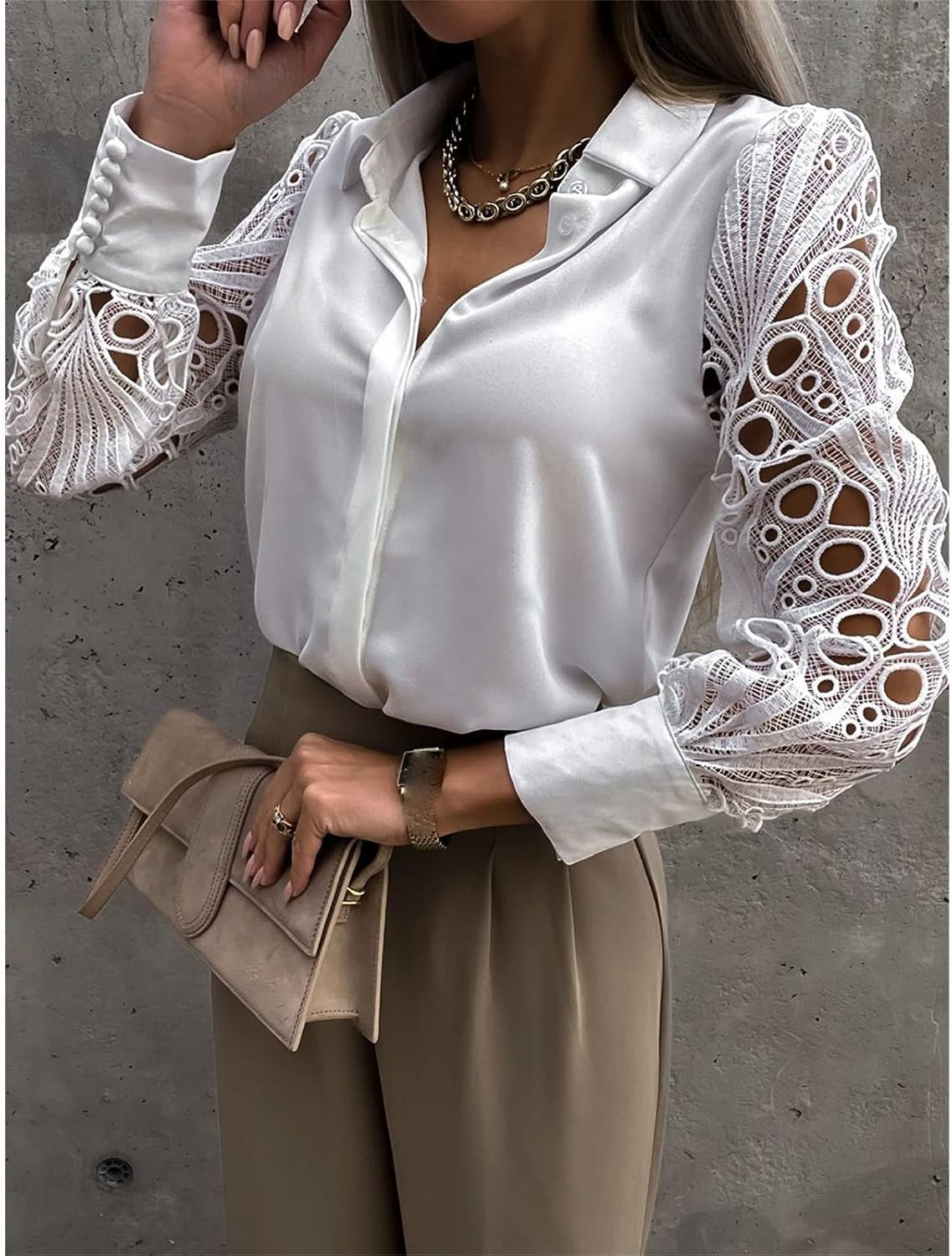 Ladies Solid Casual Lace Stitching Shirt Fashion V Neck Lace Stitching Lapel Blouse Long Sleeve Button Down Shirts