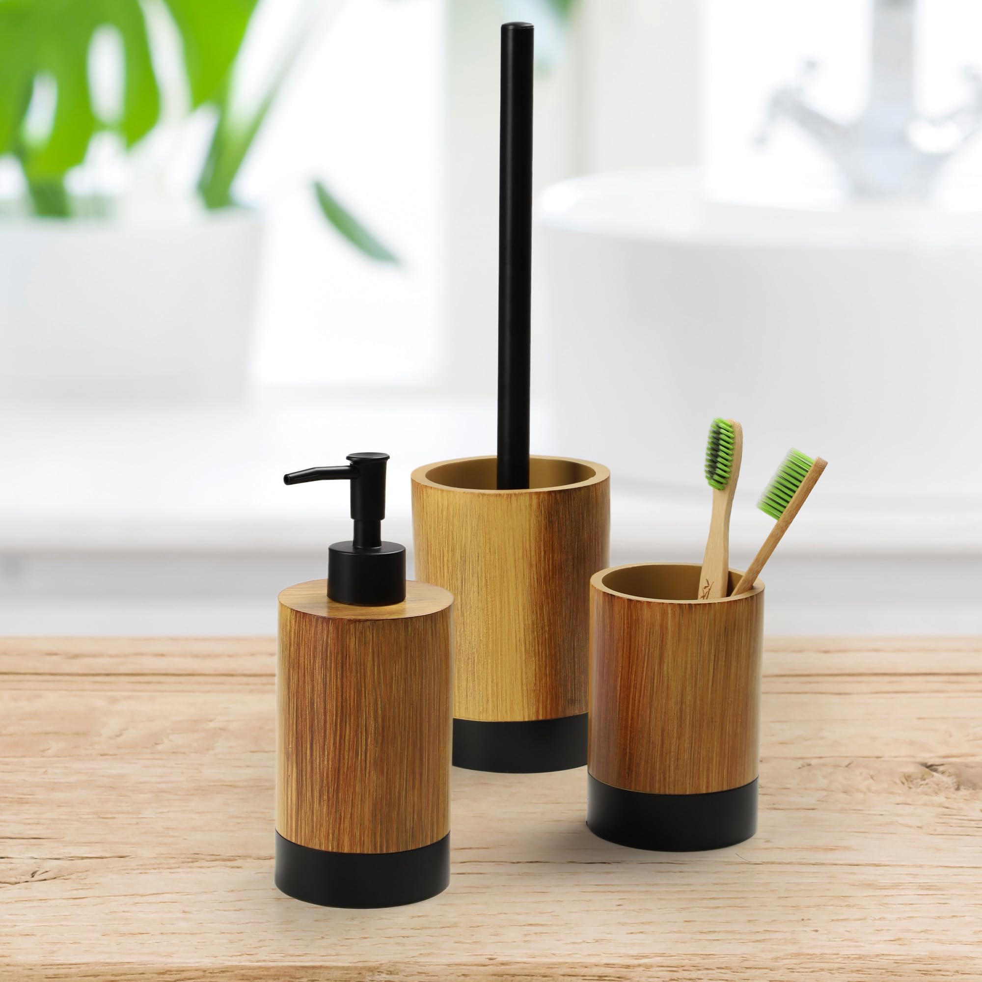 KADAX Juego de baño, dispensador de jabón, vaso para cepillos de dientes y escobilla de inodoro, accesorios de baño de polirresina resistente, imitación de madera