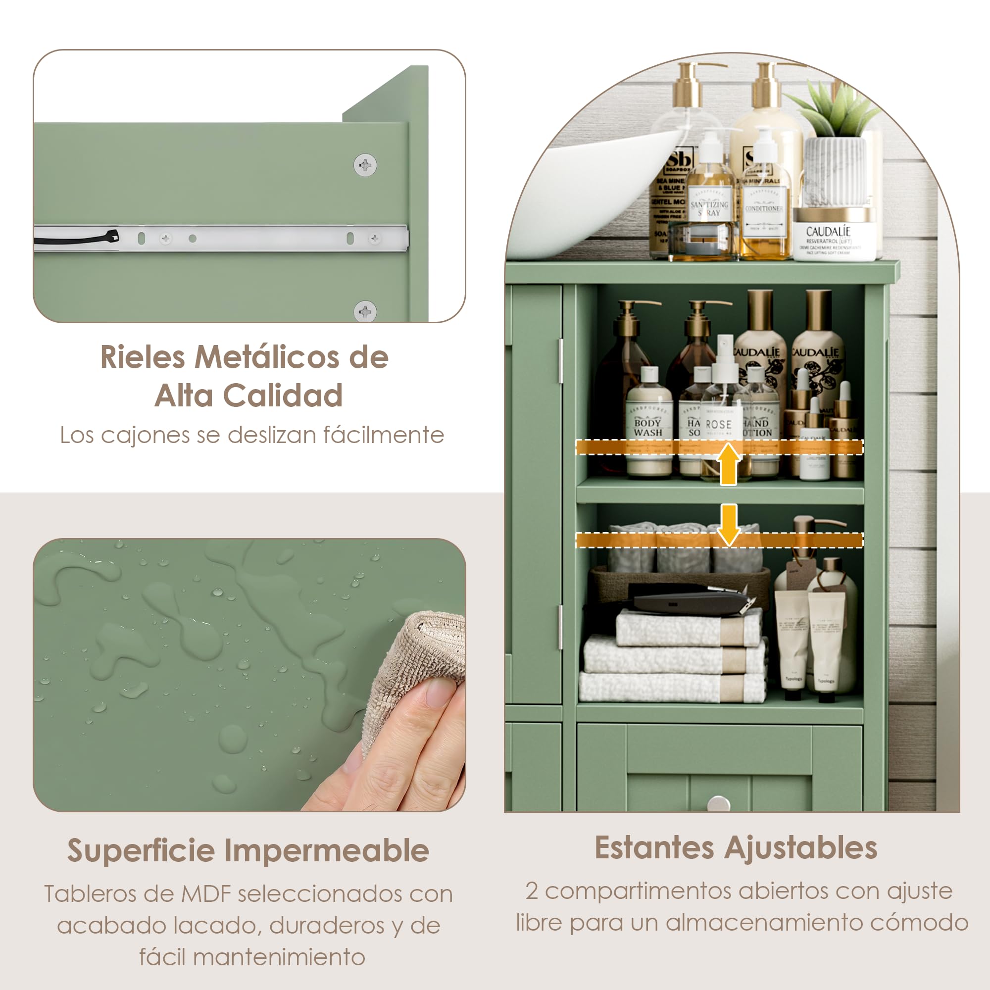 FOREHILL 80cm Mueble Bajo Lavabo, Mueble Baño, Mueble Lavabo con Pie | con 2 Puertas, 2 Cajones, Verde, 80x30x65cm