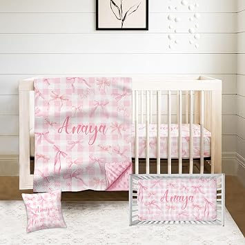 Personalized Crib Bedding Set for Baby Girls Custom Pink Bow 3-Piece Nursery Set with Name, Minky Blanket, Fitted Sheet & Pillowcase Infant Toddler Bedding