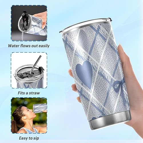 Miniatura 6 de Lindo lazo azul con corazón taza de acero inoxidable para automóvil con tapa y pajita, tazas de viaje aisladas para bebidas calientes para café,