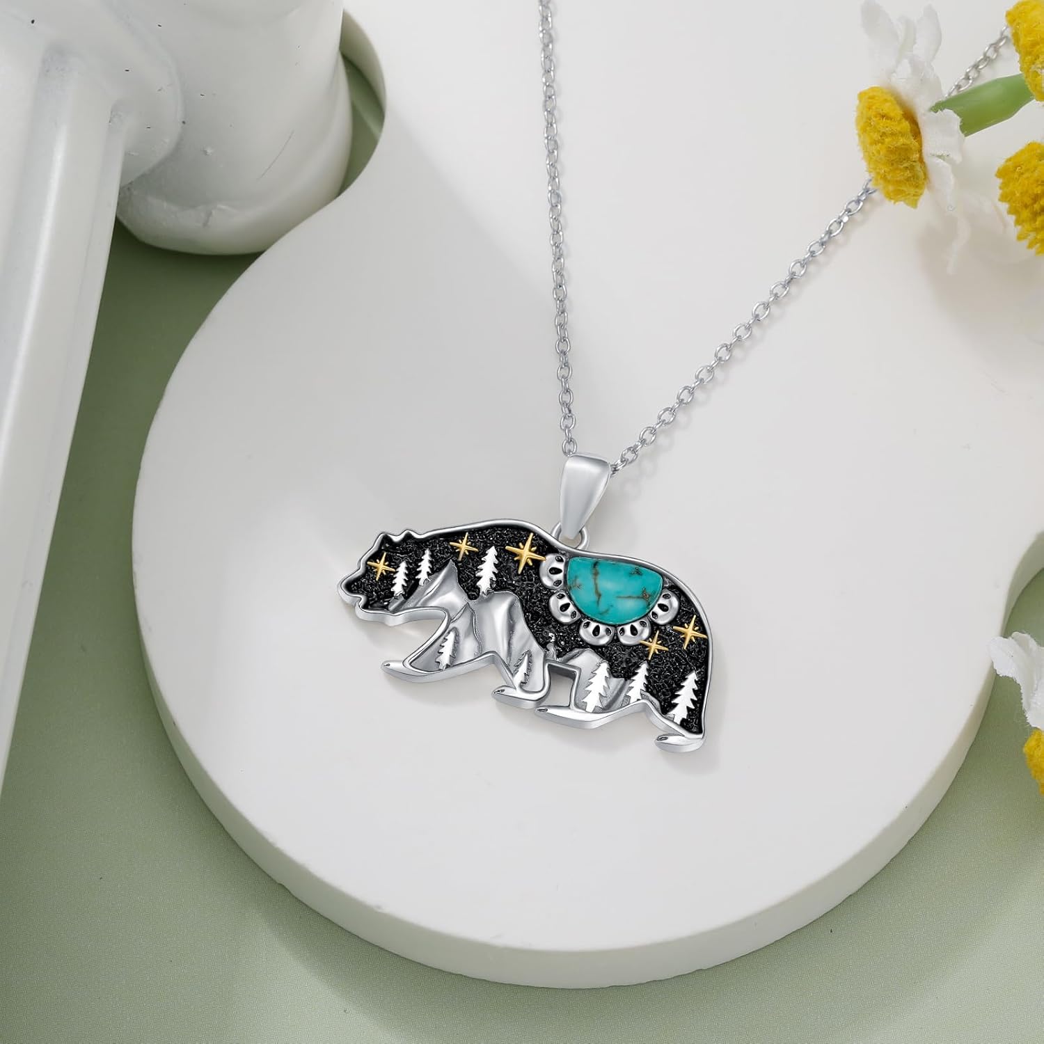 Turquoise Bear Necklace 925 Sterling Silver Genuine Blue Turquoise Vintage Nature Bear Pendant Western Jewelry Gifts for Women - Image 4