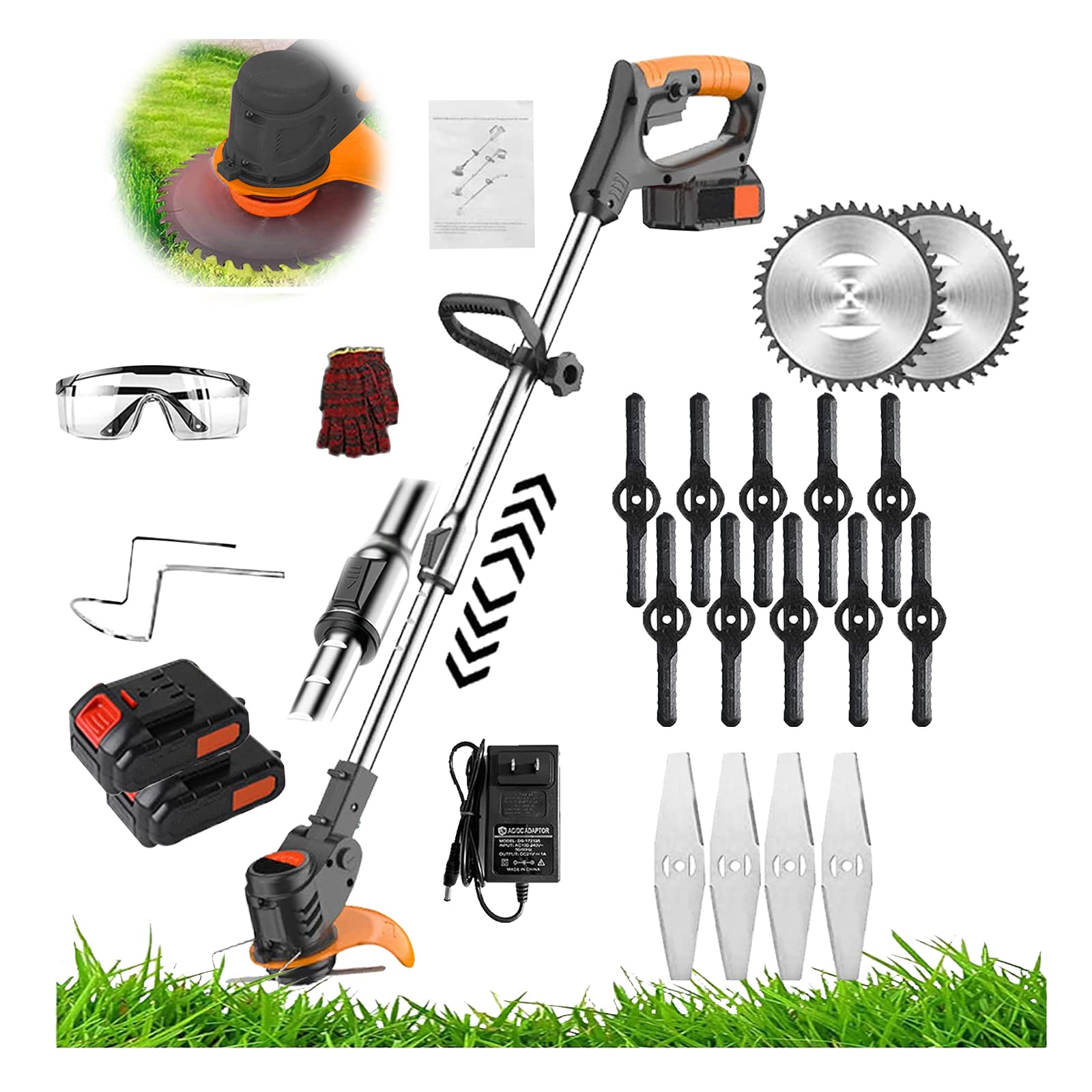Electric Cordless Trimmer Battery Grass Trimmer 1800W Powerful Electric Strimmers with Metal Blade and 24V 6000MA Battery Telescopic Cordless Garden Edger Cutter Garden Lawn Mower 15 cm Cutting Width