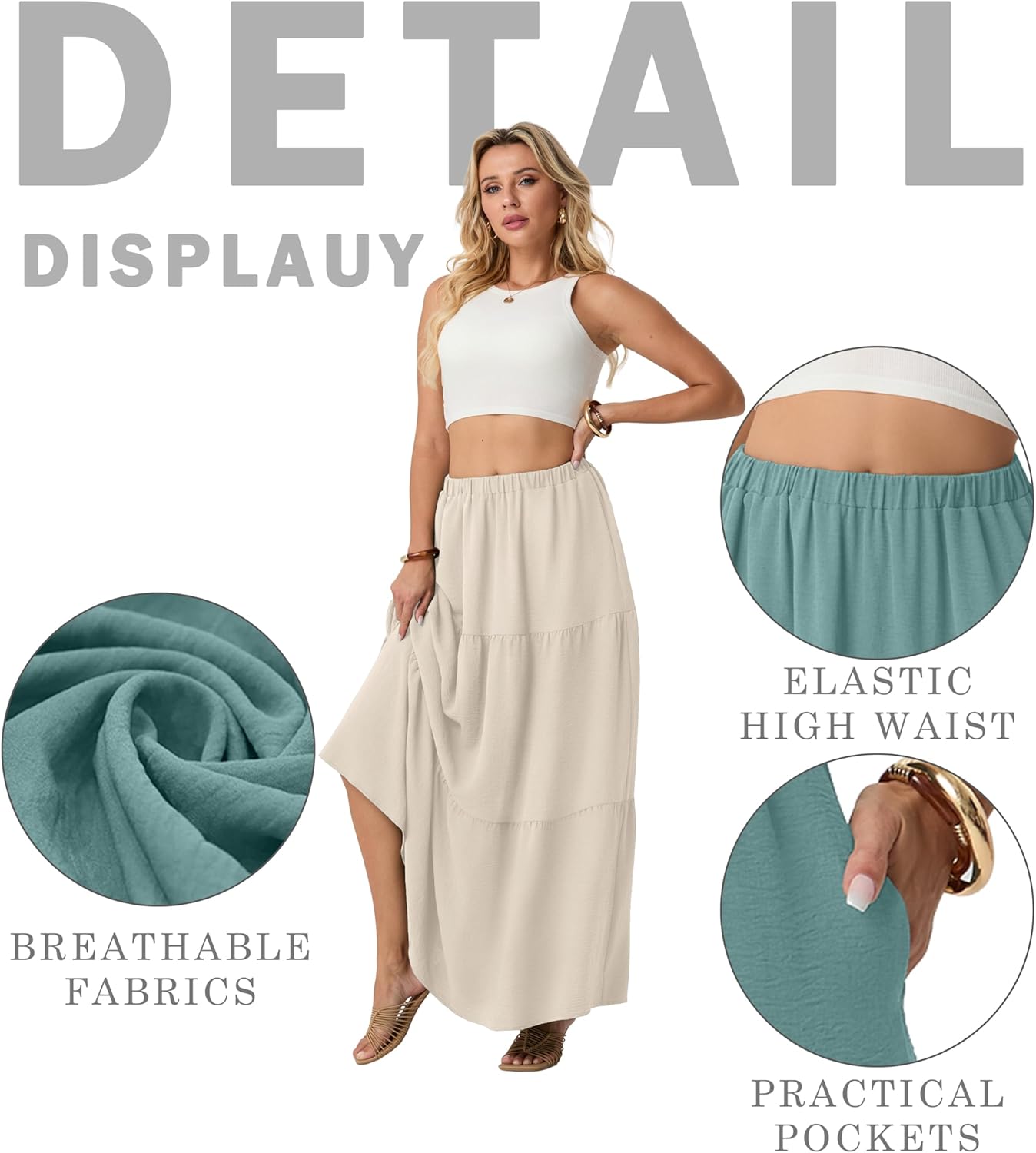 Lepunuo Womens Boho Casual Maxi Skirts Flowy Elastic High Waisted A-Line Long Skirts with Pockets Beach Vacation - Image 4