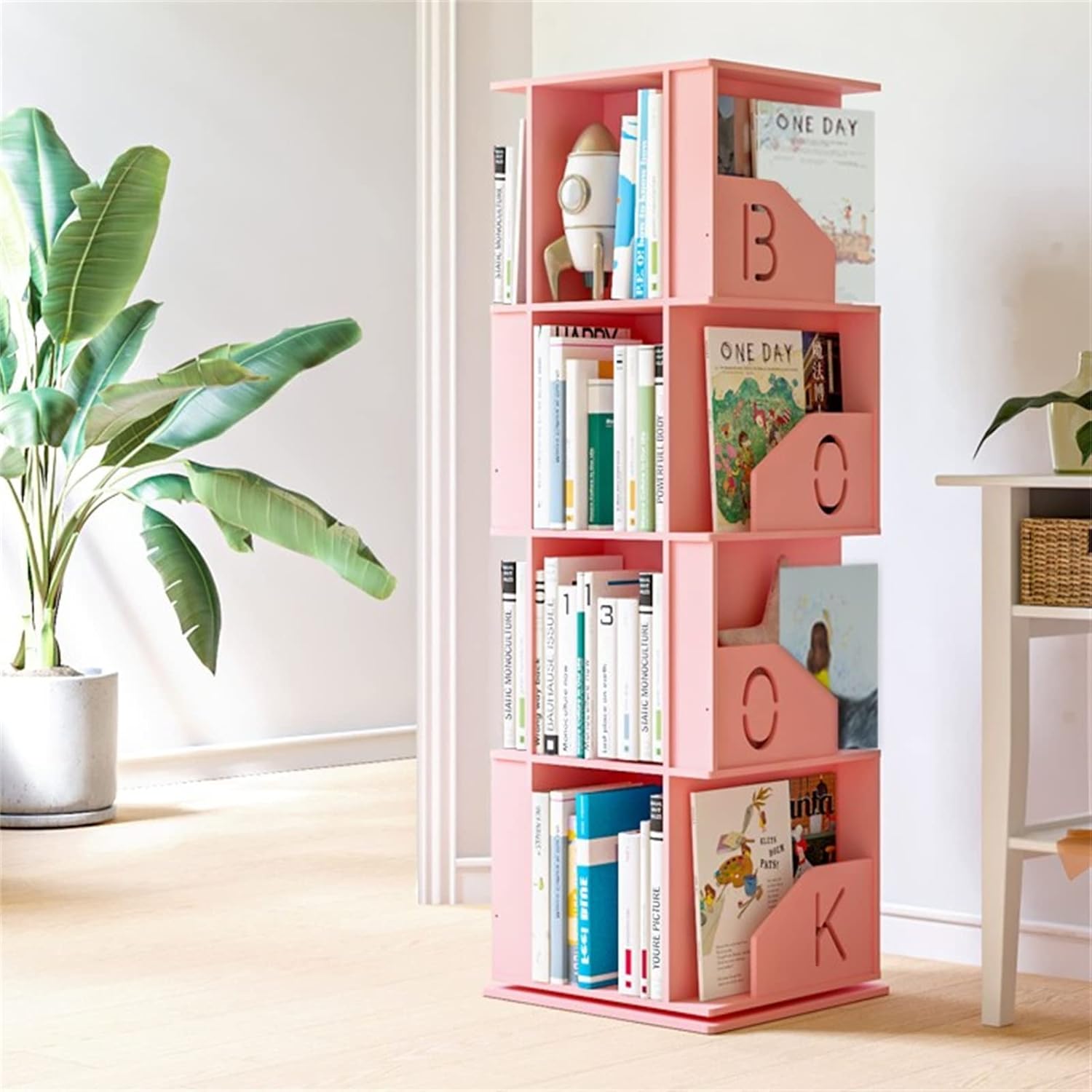 本棚 回転本棚棚子供の絵本棚シンプルな世帯360度シンプルフローリング小学校本棚 (色 : Pink, Size : 126x41x