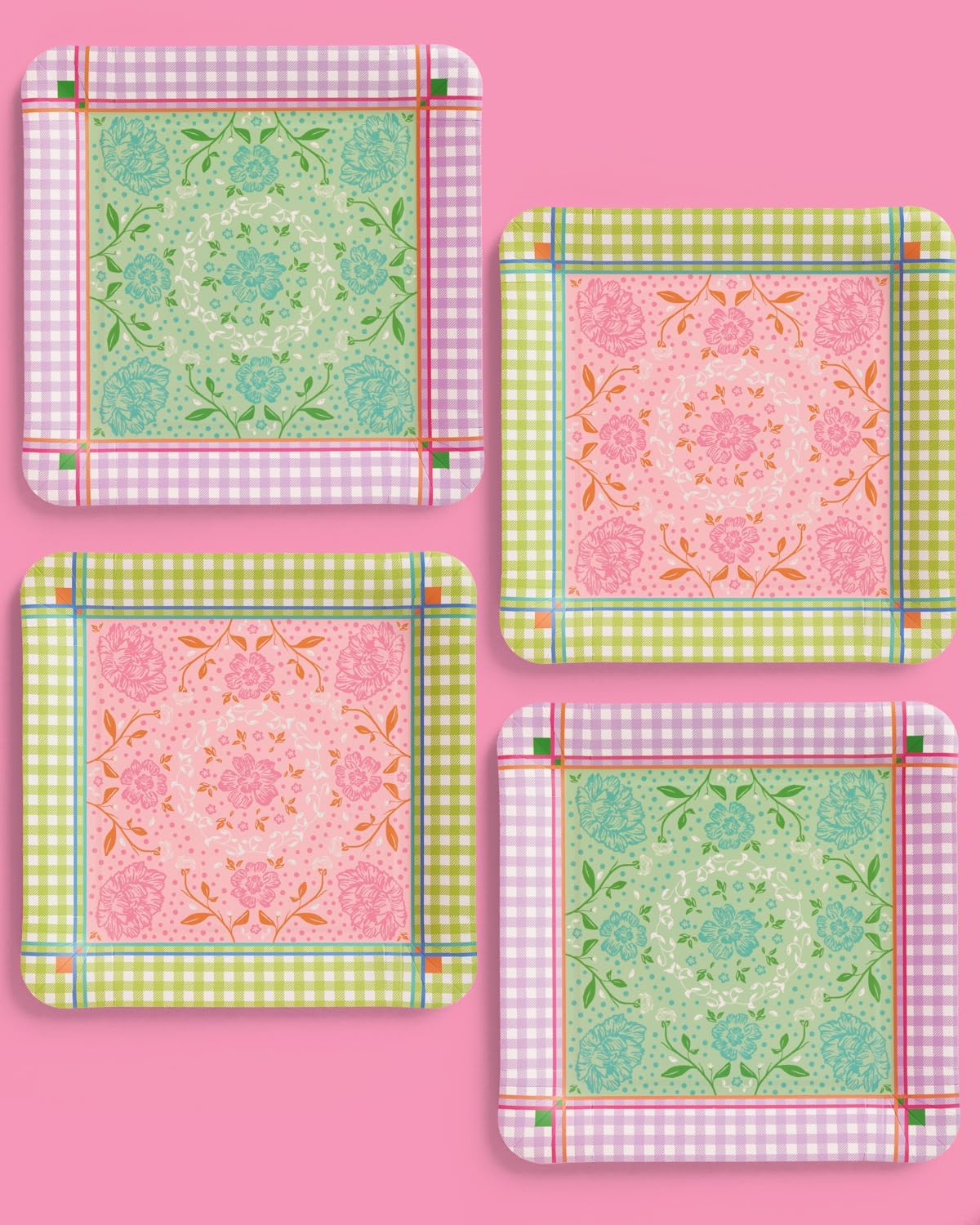 xo, Fetti Mahjong Party Plates - 24 Paper Plates, 11" | Garden Party, Tea Party, Floral, Gingham, Birthday, Easter, Spring, Pastel Pink Purple Green