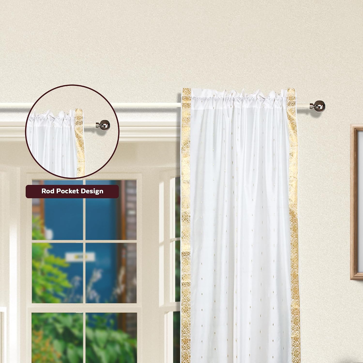 Rod Pocket Sari Curtain 43" W x 84" L - Handcrafted White Indian Drapes, Unlined for Light & Airy Ambience, Ideal for Living Room/Bedroom, Sold in Pairs