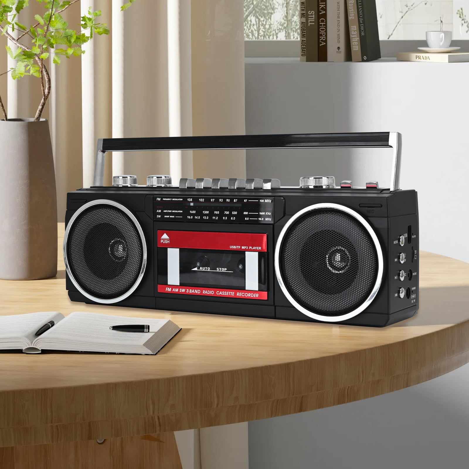 Tragbare Kassettenspieler Boombox AM/FM/SW Radio Stereo, CasetteTape Player Recorder, MP3 Bluetooth USB RGB Lichter TF Karte (Rot)