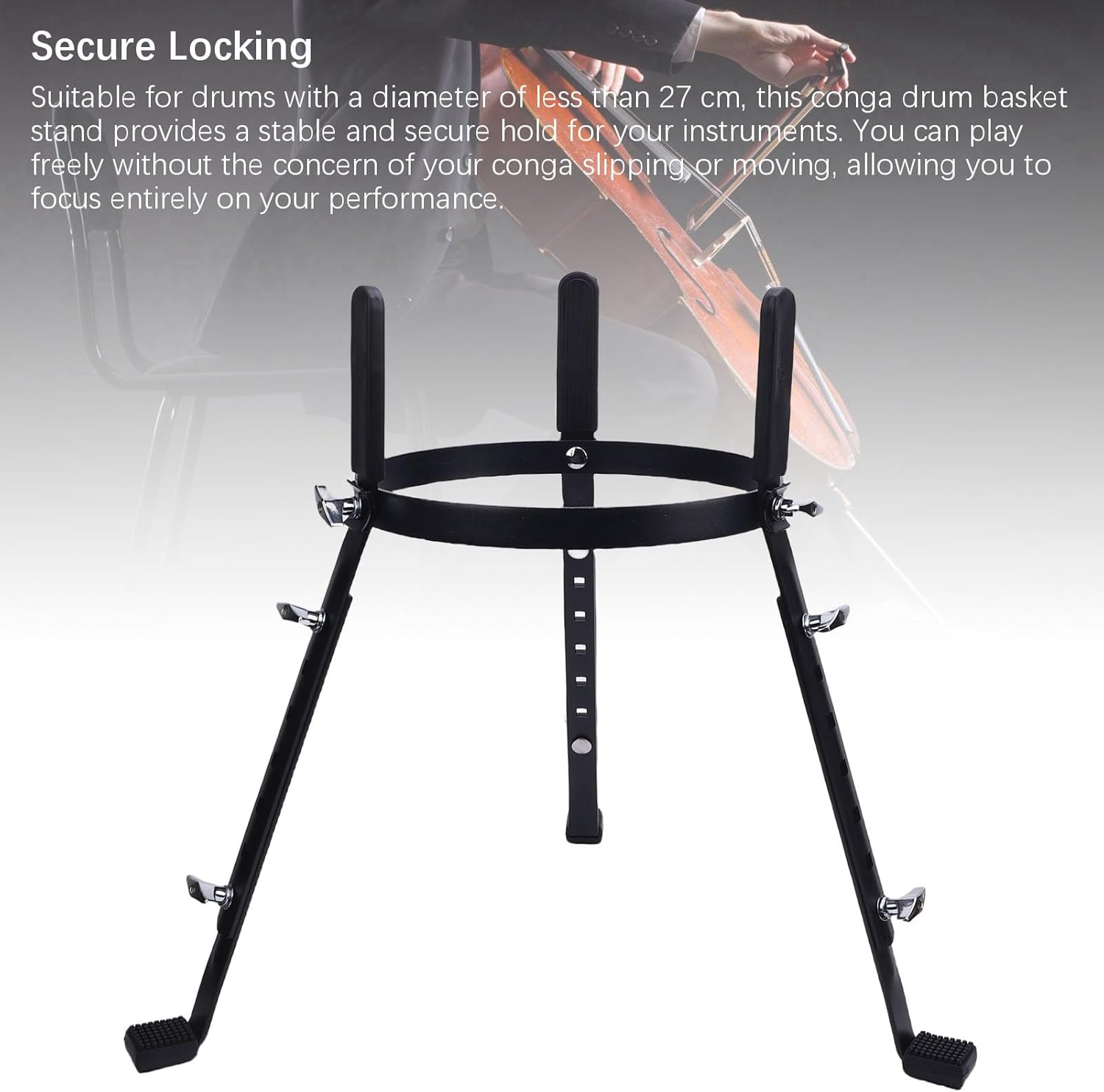 Asixxsix Conga Stand, Adjustable Drum Basket Black Iron, Quick Setup Disassembly, Secure Hold, Height Range 52.5 to 68cm, Fits Drums Less Than 27cm Diameter