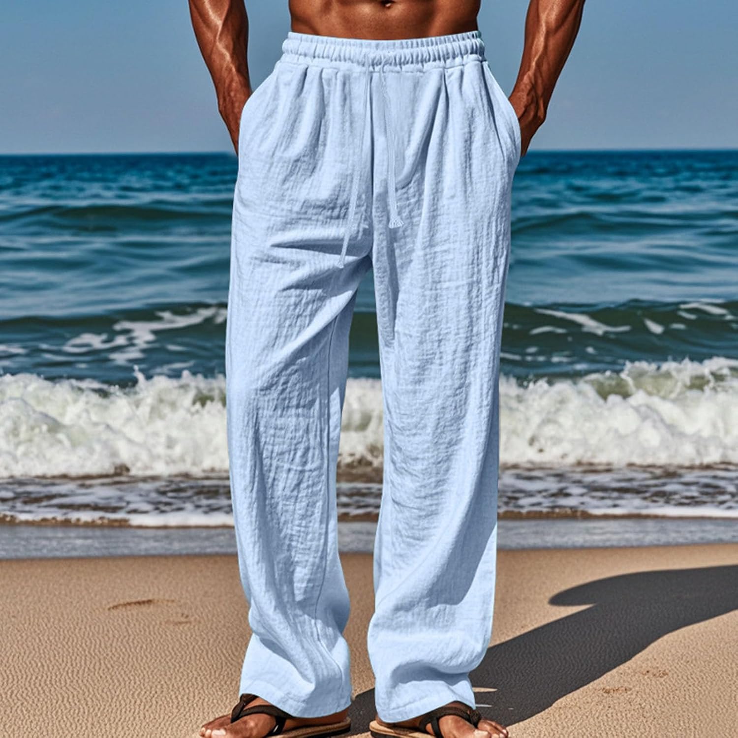 Cambkatl Men's Summer 2 Piece Linen Sets, Long Sleeve Button Down Shirt & Beach Pants Vacation Lounge Outfits with Pockets
