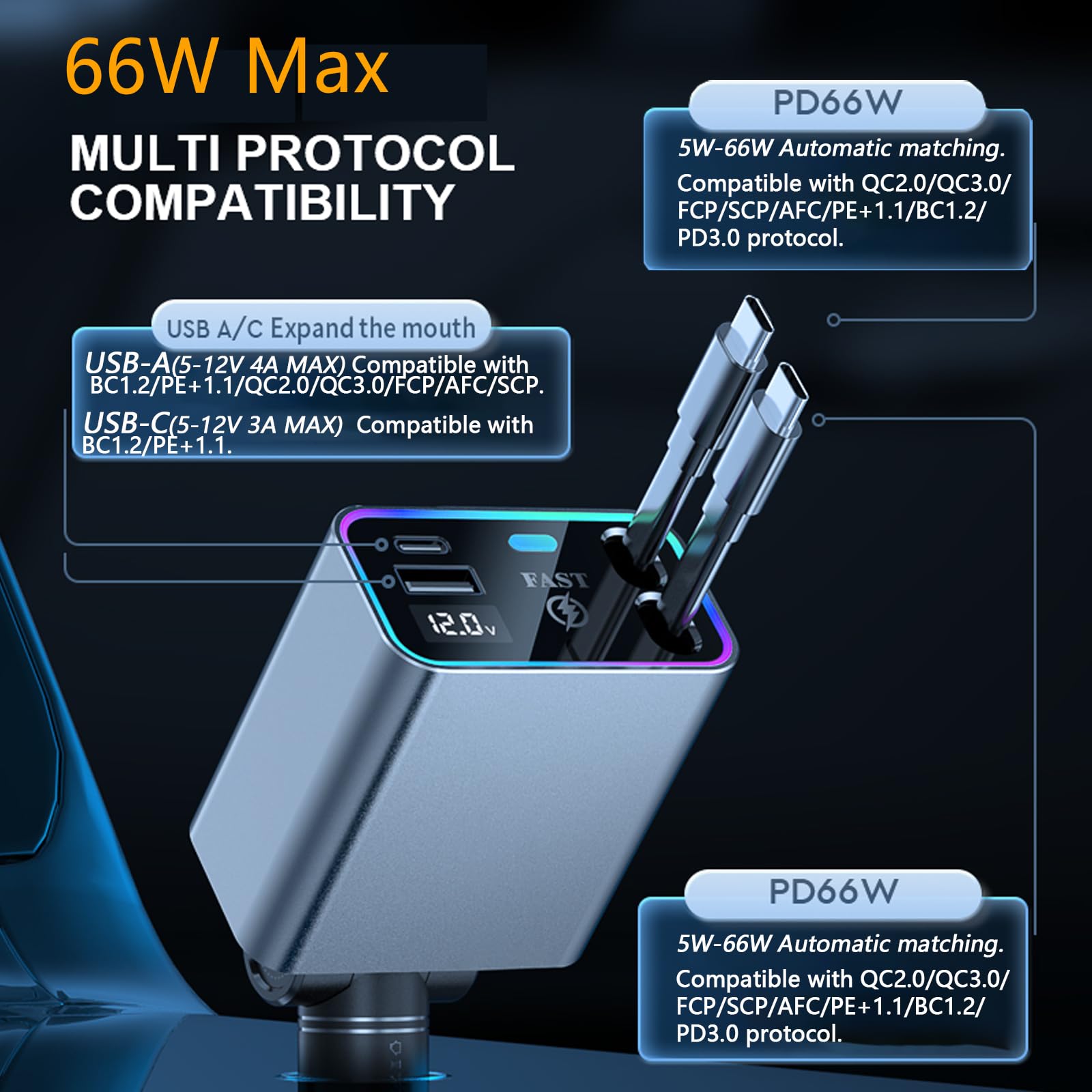 Thlevel 66W Chargeur de Voiture Rétractables USB C 12V avec Double Câbles | et Voltmètre LED Compatible avec iPhone Huawei pour 12V/24V Caravane Camping-Car Bateau