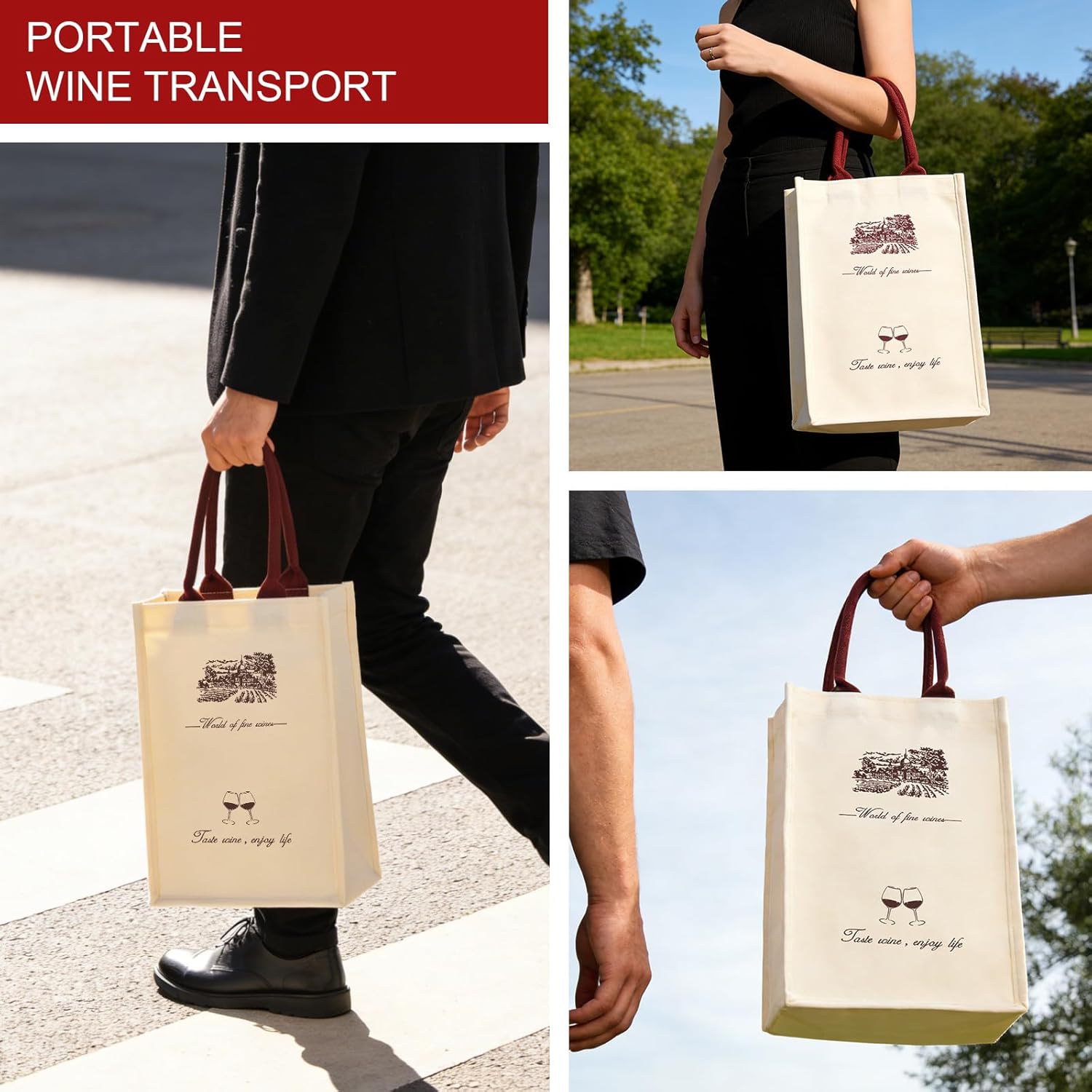 Sturdy Canvas Wine Tote Bag for 2 Bottles, Waterproof with Wine Red Handles & Built-in Foam Padding, Foldable Wine Gift Bags Alternative to Wine Shipping Box, for Party Wedding Wine Lovers, 2-Pack