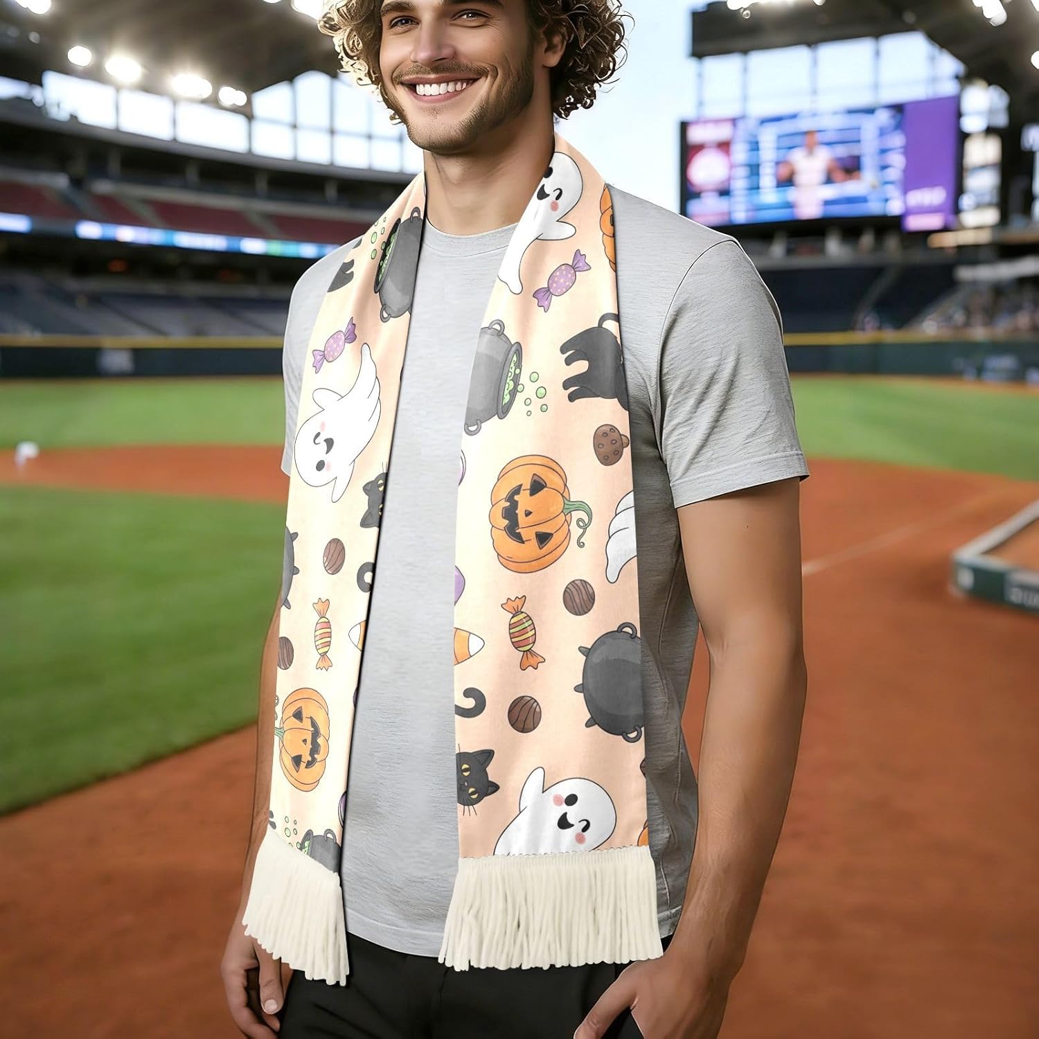 CHIFIGNO Cute Black Cats Pumpkins White Sports Fan Scarf, Quick Dry Polyester for Wiping Sweat and Display at Games