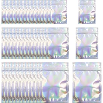 Pack of 150 Mylar Bags 3 Sizes Holographic Foil Bags Resealable Aluminium foil zip bag packaging bag plastic baggys bags sealable for storing jewellery confectionery biscuits