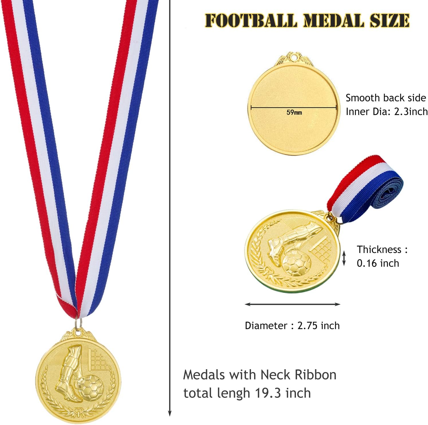 Soccer Medals 36 Pack Football Award Bulk Sports Medal Championship Medals with Blue String for Kids