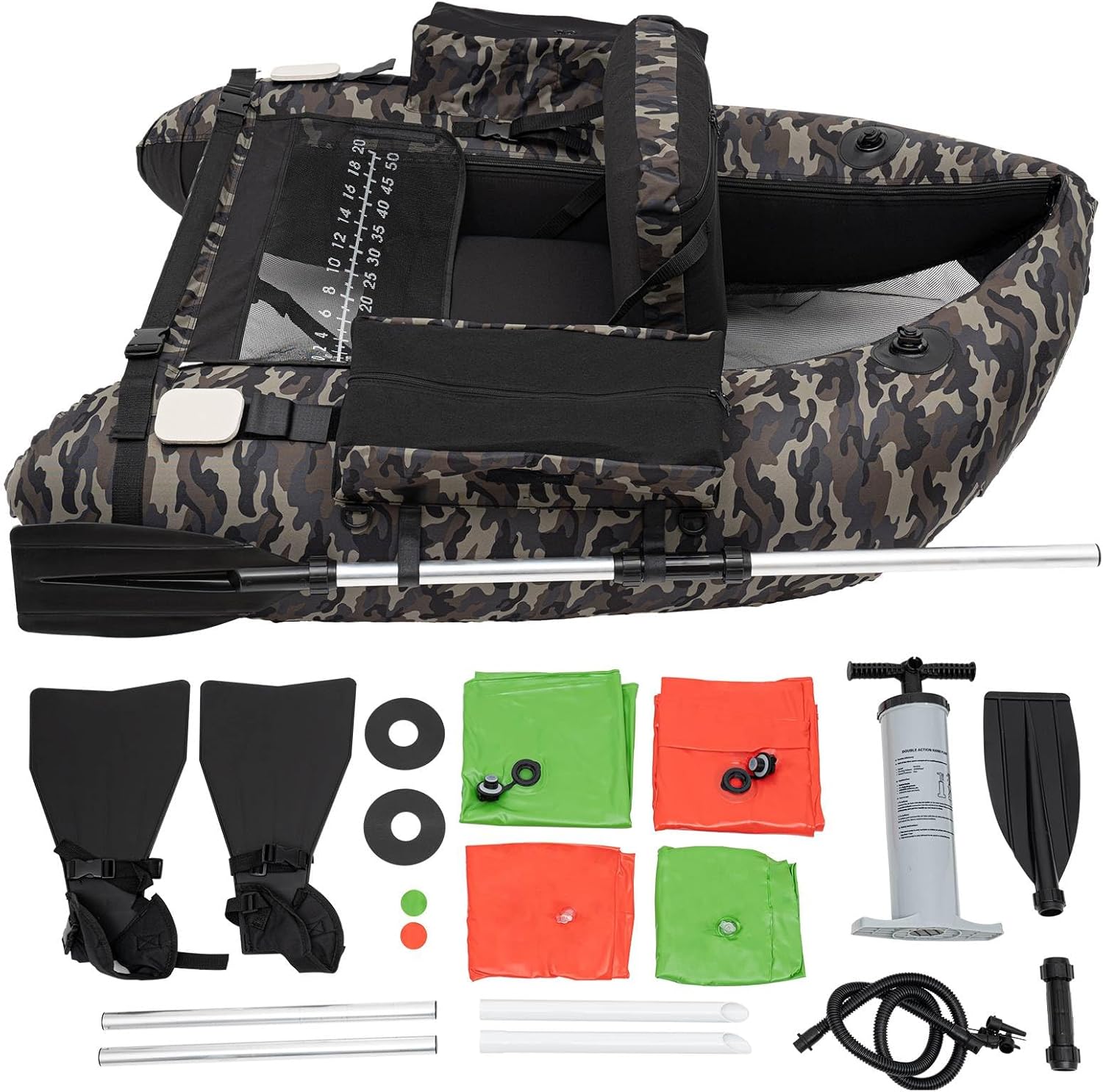 53.5 * 41.5IN Outdoor Fishing Boat with Paddle, Flippers 20IN Fish Ruler,Pump Storage Pockets Adjustable Straps 286.6LBS Load Bearing Capacity Belly Boat