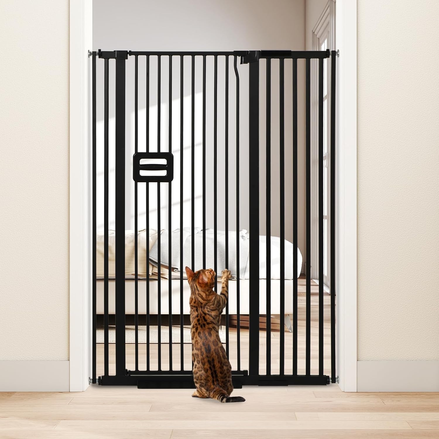 SMONTER 55" High Extra Tall Baby Gate, Safety Cat Gate for Doorways, Expands to 34.2"-38.2" Wide, Auto Close Dog Gate, No Drilling Pressure Mounted Cat Fence, Pet Gate Indoor for Stairs, Black