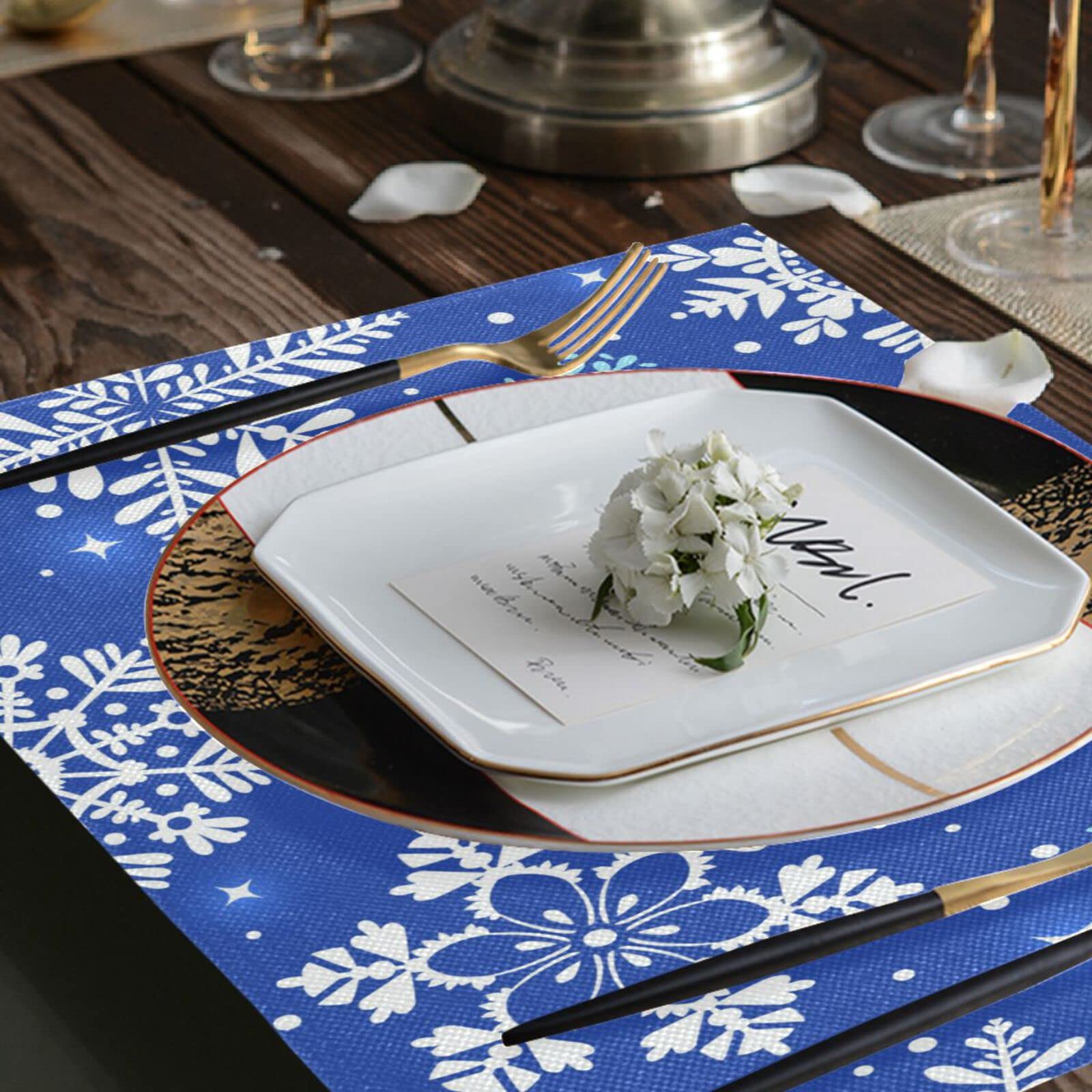 Weihnachtliche Tischsets 6er-Set – Blau Mit Schneeflocken, 30,5x45,7 Cm, Aus Baumwoll-Leinen Für Festliche Tische