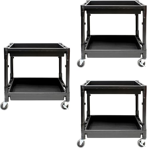BISupply Carrito de plástico con ruedas, paquete de 3  Carrito de trabajo comercial con ruedas con 2 estantes para garaje, restaurante o aula
