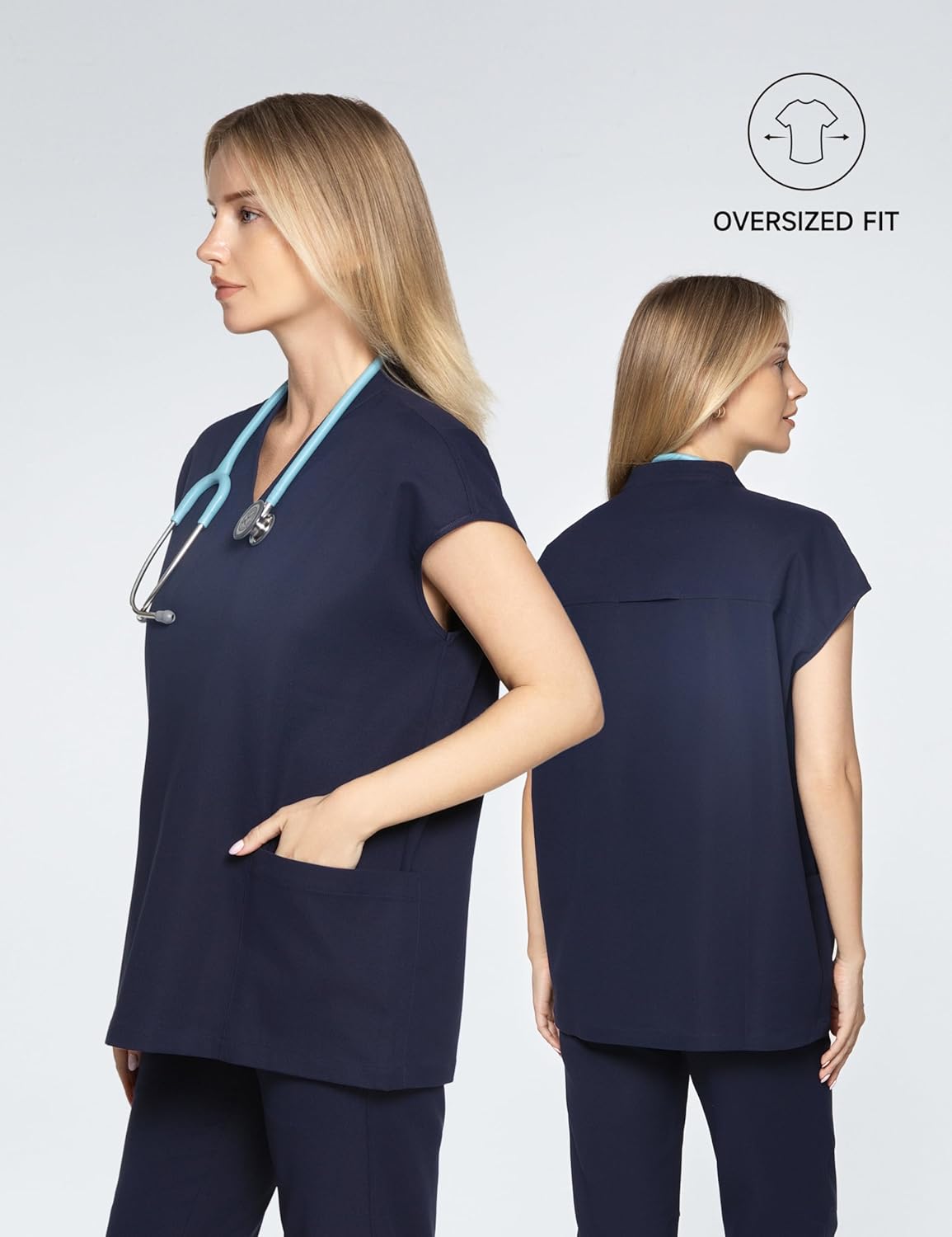 Aria Drop Shoulder Scrub Top for Women–2 Pockets, V-Neck, High Stretch, Easy Care, Oversize Fit - Image 2