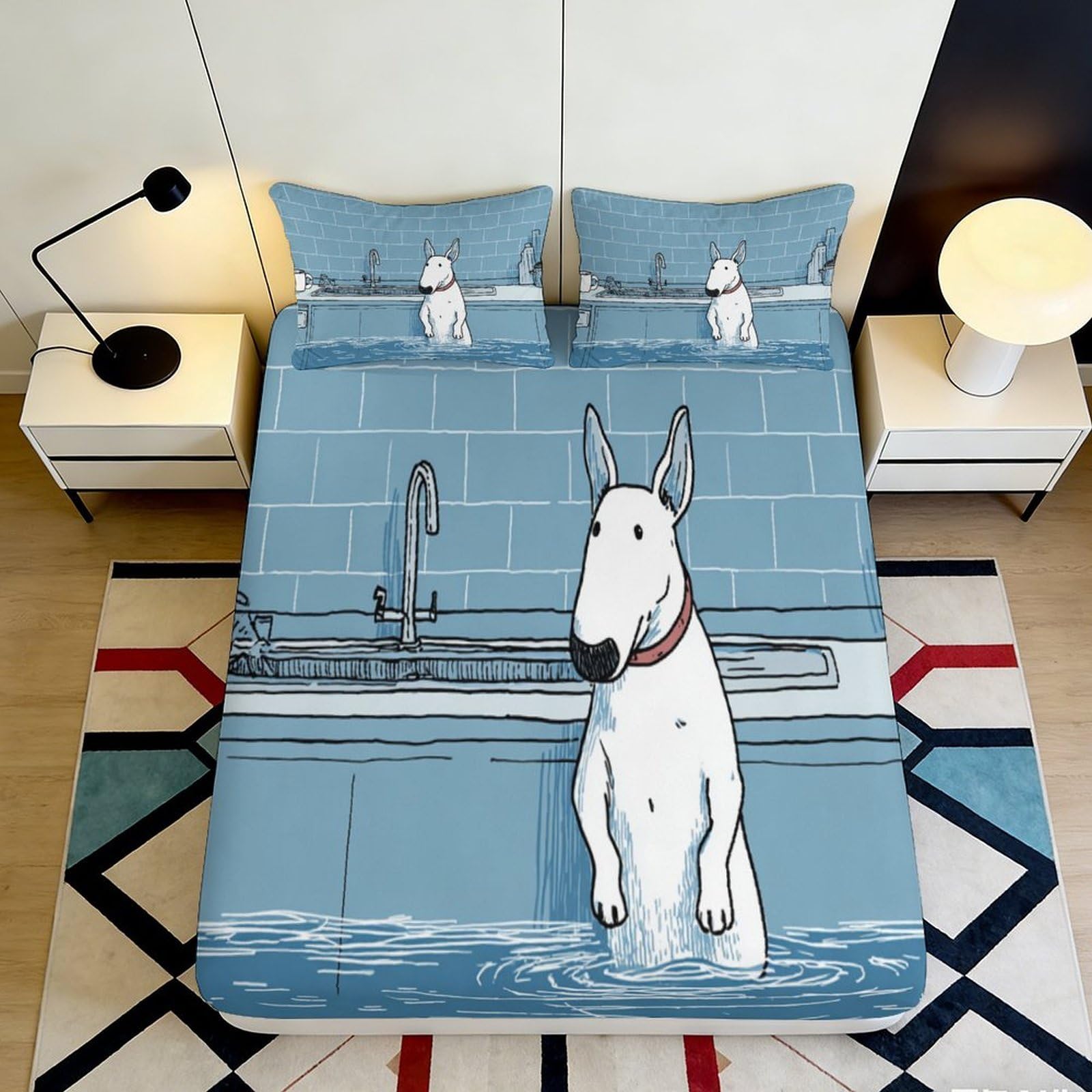 3D Printed Bull Terrier Bathroom Fitted Sheet Microfiber Soft Blue Dog Bed Cover for Bedroom Guest Room Decor 90x200x25cm