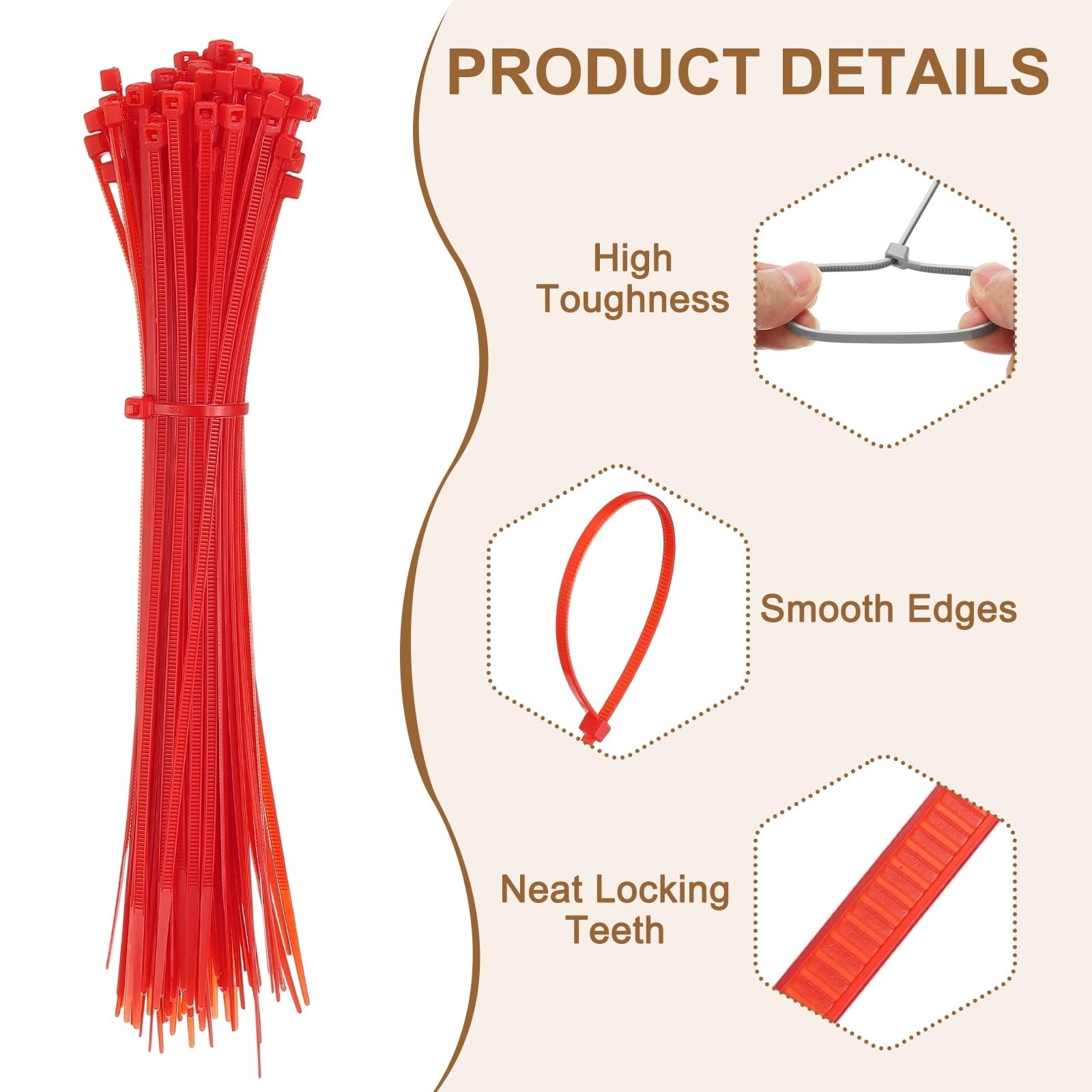 YELARXI Zip Ties Plastic Cable Ties, Self-Locking Wire Zip Tie 8 Inch Fit for Home Garden Office Workshop Travel - (1000 Pack, Red) - Image 3