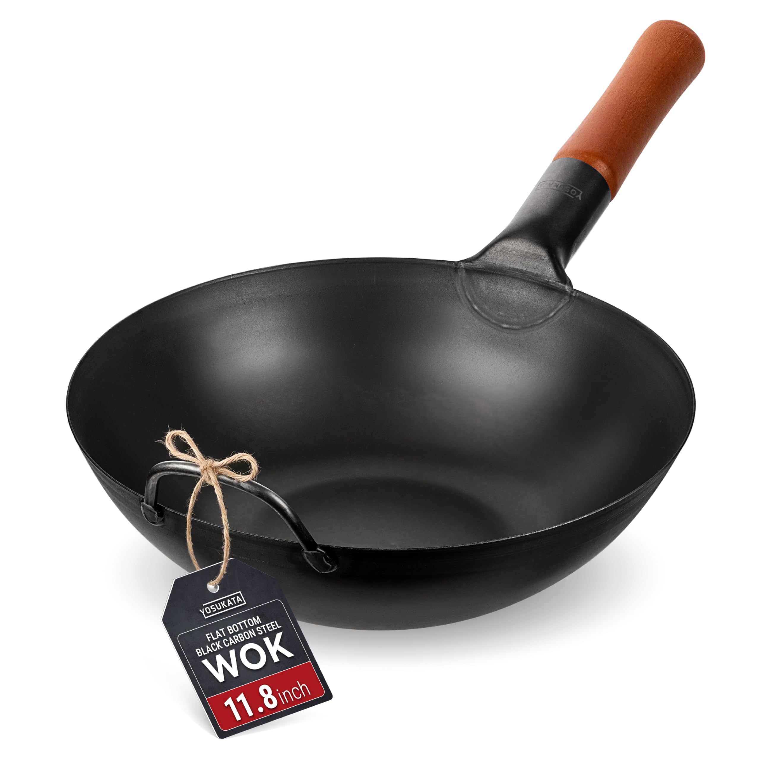 YOSUKATA Carbon Steel Woks and Stir Fry Pans 30 cm - Traditional Chinese Japanese Wok with Flat Bottom - Compatible with Induction, Electric, Ceramic, Gas cooktops, and Open Flame, BBQ, Grill
