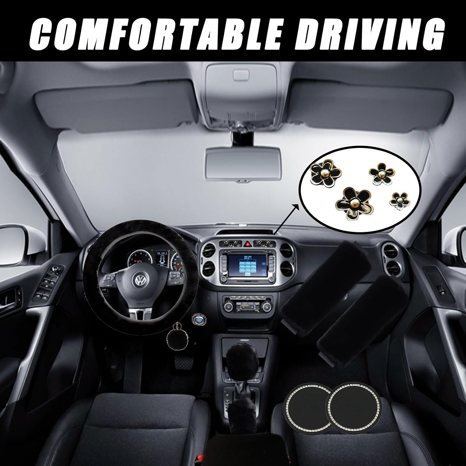 Fluffy Steering Wheel Cover for Women with Furry Gear Cover &Handbrake Cover&Seat Belt Cover&Armrest Pad Fuzzy Car Accessories for Women Pack of 14 (Black)