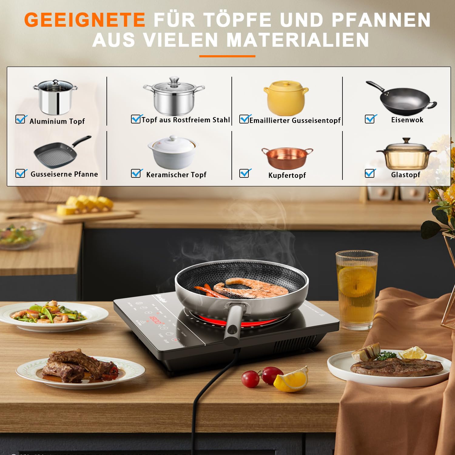 Glaskeramikkochfeld 1 Platte, 2000W, 28cm, Infrarot-Wärme, Sicherheitsschloss, 4 Stunden Timer