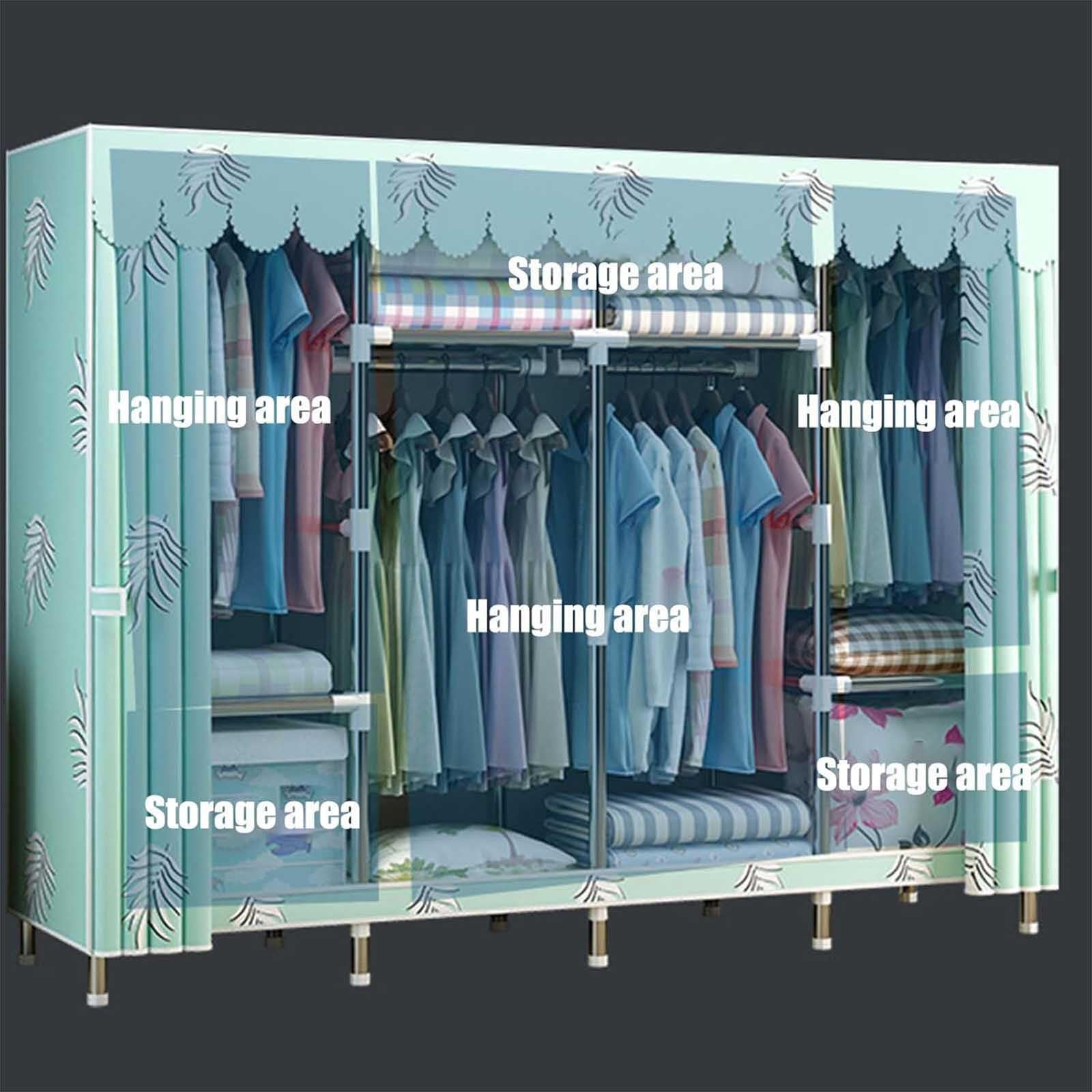 Armario de lona con rieles para colgar, almacenamiento de ropa grande para dormitorio, armario de tela, organizador duradero, 165 x 45 x 170 cm