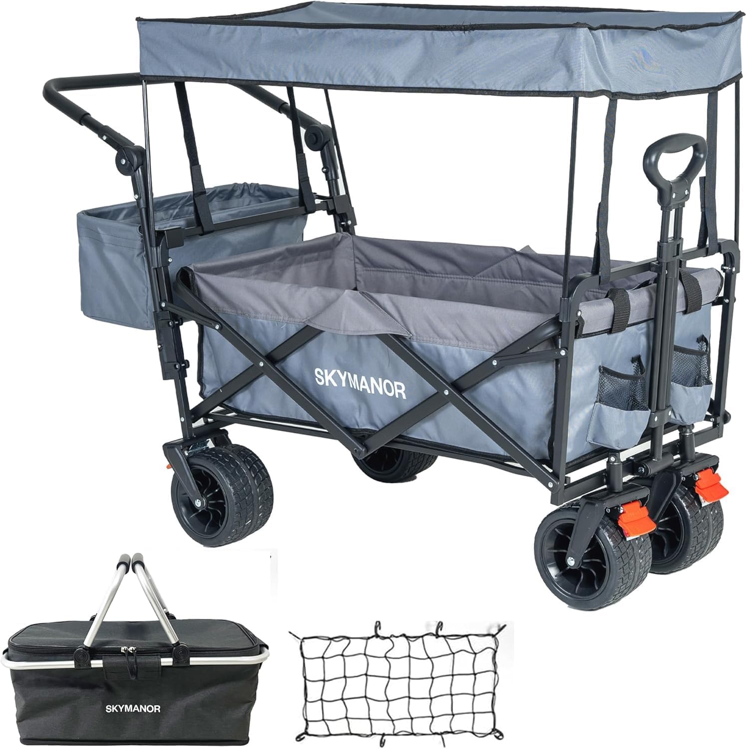 SKYMANOR Collapsible Wagon Folding Garden Cart with Removable Canopy Utility Heavy Duty Wagon Cart with All-Terrain Wheel Storage Brake for Camping Shopping (Upgraded Canopy-Gray Splicing)