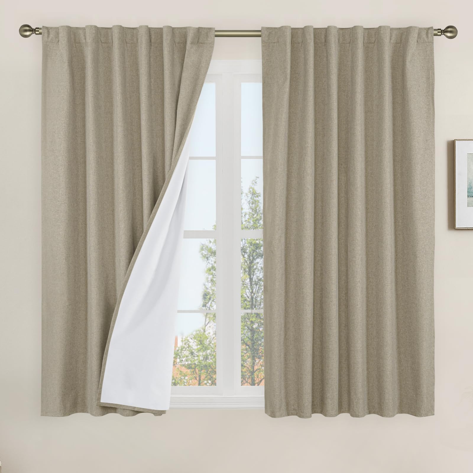 LAMIT Linen Full Blackout Window Curtains for Bedroom, 54 Inches Thermal Farmhouse Curtains Back Tab and Rod Pocket Privacy Protected Burlap Panels