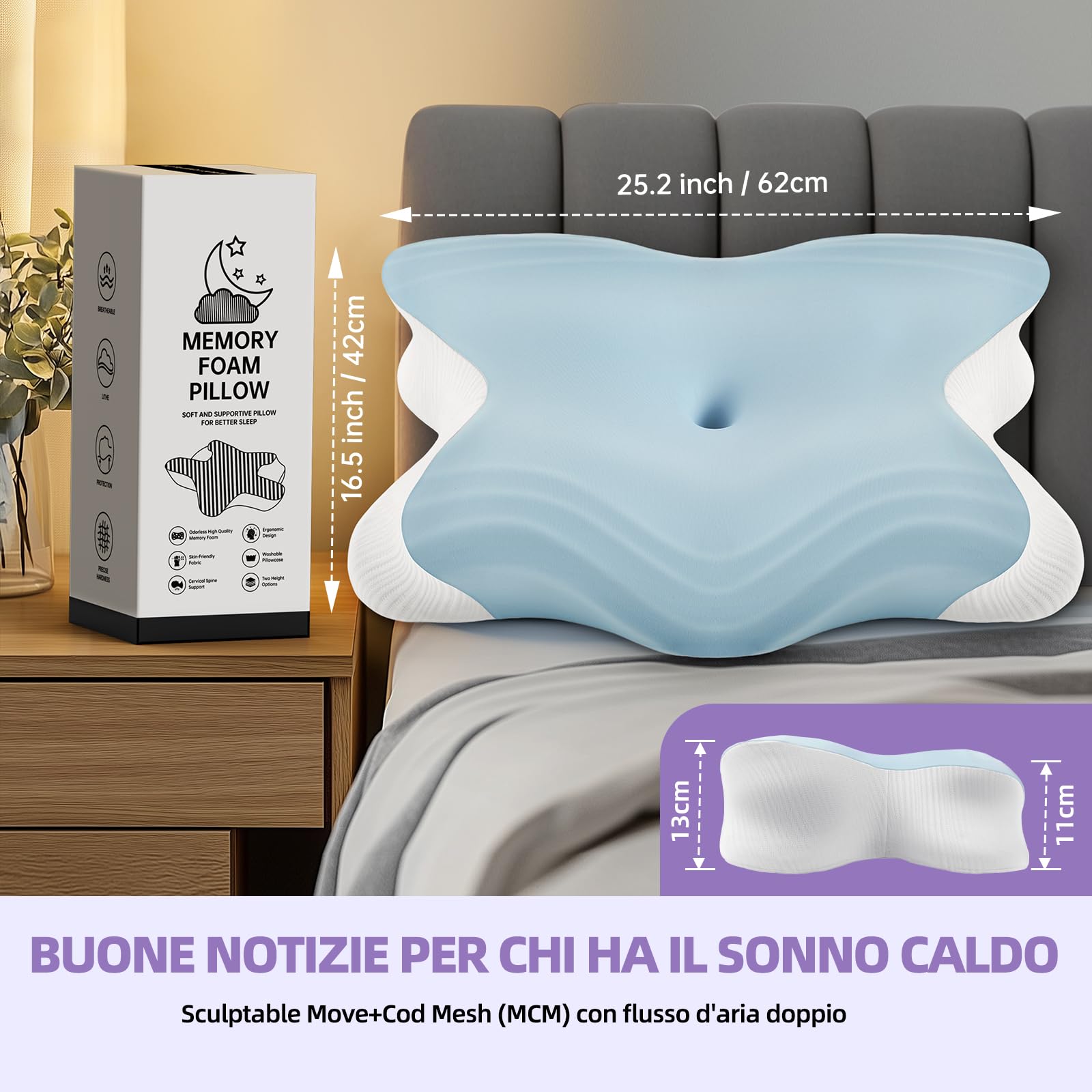 Cuscino Cervicale per Dormire, 2 in 1 Cuscino Cervicale Ortopedico, Cuscino Memory Foam, Cuscini Ergonomico Cervicale, Guanciale Cervicale per Dormitori Laterali, Supini e Proni