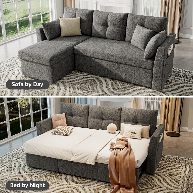 Image of Huatean Home Sleeper Sofa Couch, 2 in 1 Sectional Sleeper Couch Bed with Side Pocket, Pullout Sofa Bed with Storage Chaise for Living Room, Dark Grey