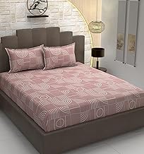 TIB Glace Cotton Elastic Fitted Double Super King Bedsheet With 2 Pillow Covers (72 X 78 X 12 Inches Fit Up To Mattress) King Size Bed Sheets, Pink Geometric, 300 Tc