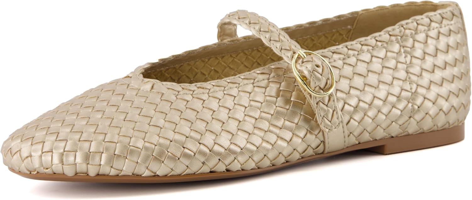CUSHIONAIRE Bistro Mary Jane Flats for Women, Woven Ballet Flats Shoes with Strap and Memory Foam for All-Day Comfort