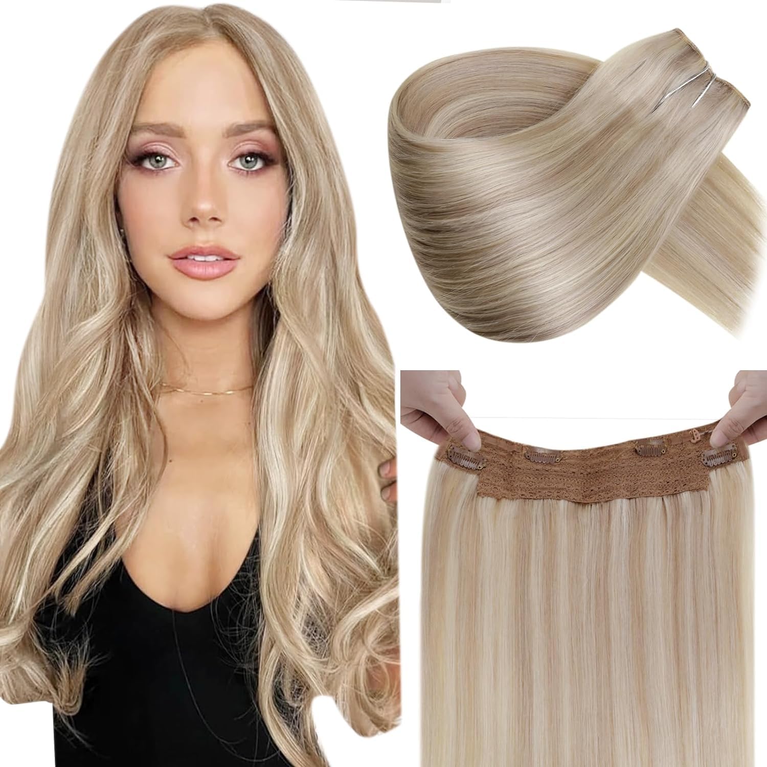 LaaVoo Human Hair Extensions Highlight Ash Blonde & Platinum Blonde Real Remy Hair Invisible Wire Undetectable 100% Real Straight Hair Extensions Long-Lasting 80g 18 Inch #18/613