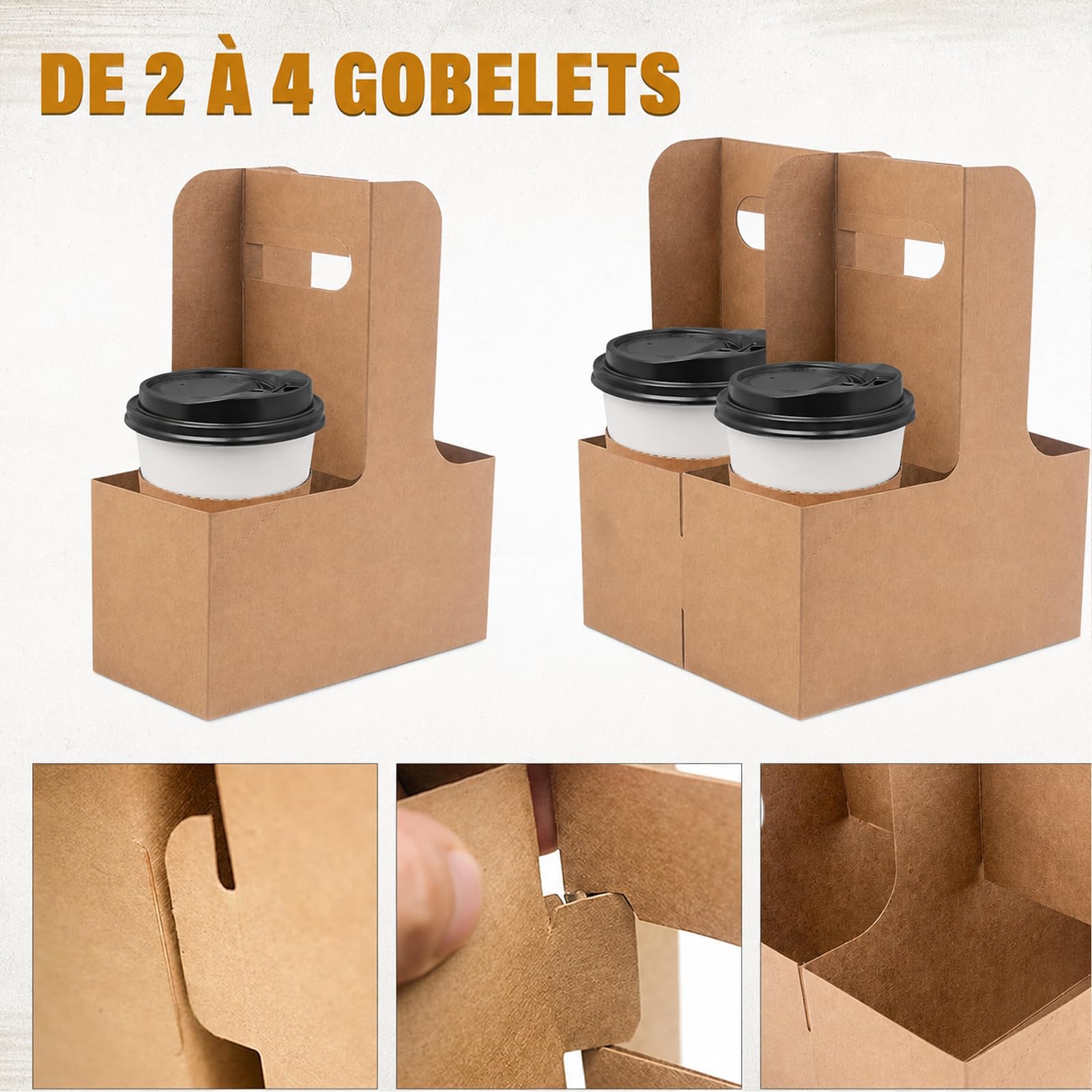 Lot de 100 Porte-Gobelets en Carton Kraft avec Poignée, 2 à 4 Boissons | Pour Gobelets 350 à 900 ml, Stables et Résistants pour Café à Emporter, Livraison et Boissons Chaudes ou Froides