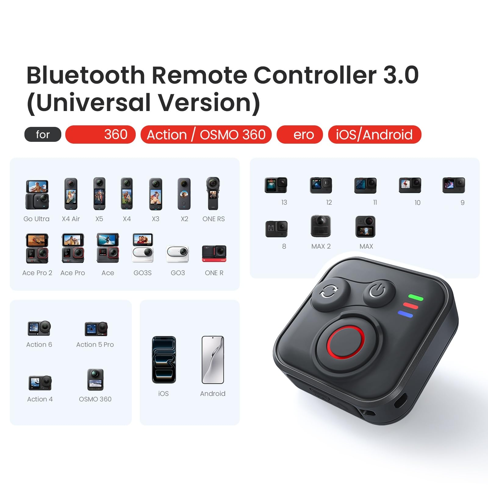 Mando a distancia Bluetooth para Insta360 Go Ultra X4 Air X5 para DJI OSMO 360 / Action 6/5 Pro / 4 cámaras de acción