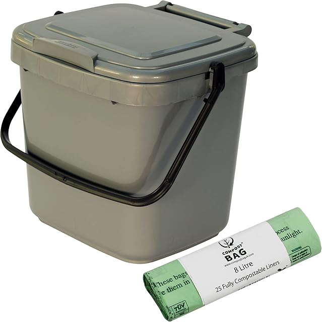 Kitchen Compost Caddy and 25x 8L Compostable Bags - Silver Grey - for Food Waste Recycling (7 Litre) - 7L Plastic Composting Bin