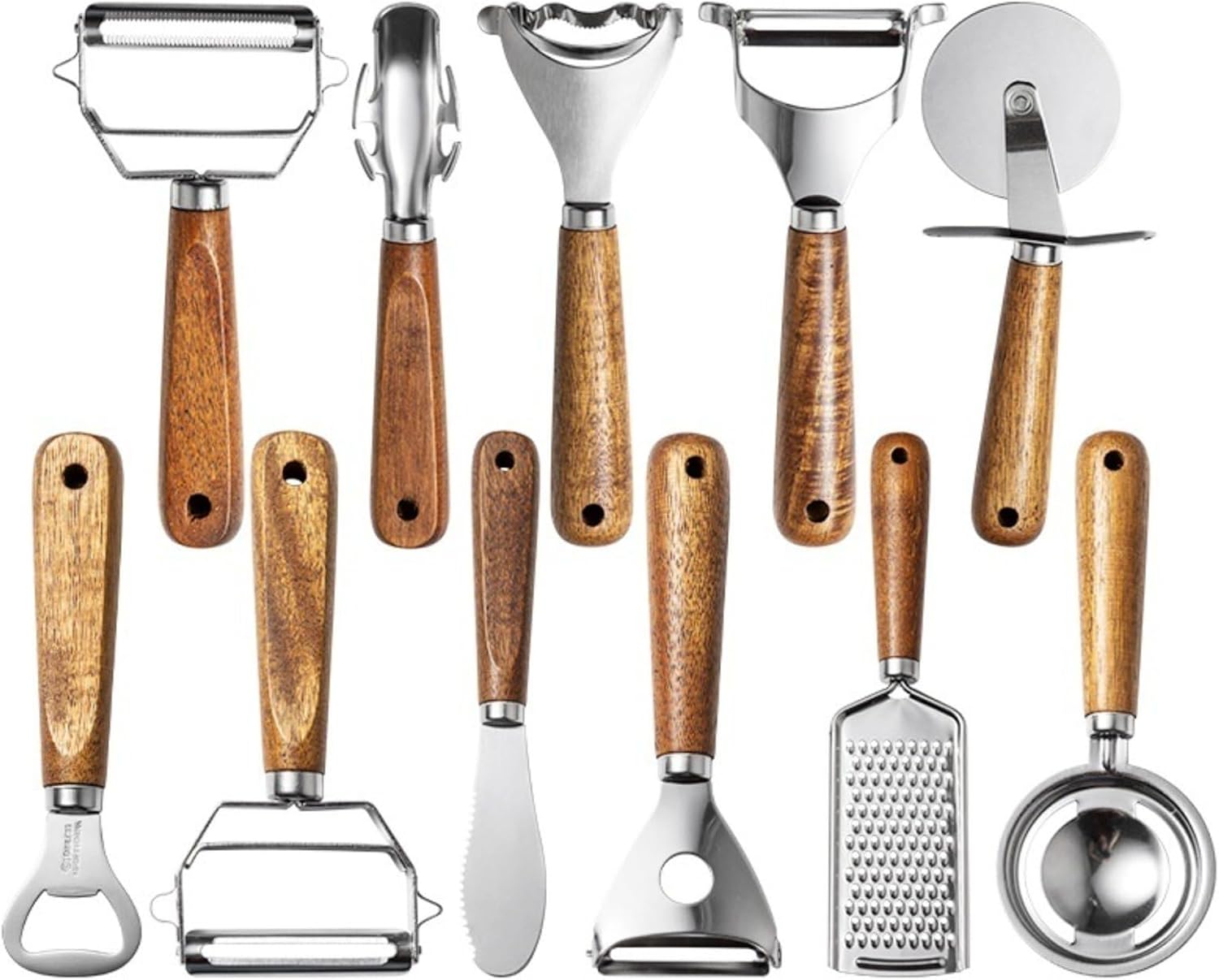 Wood Handle 11‑Piece Kitchen Gadget Set, Stainless Steel Prep Tools, Peeler, Grater, Cutter, Opener, Hand Wash Only