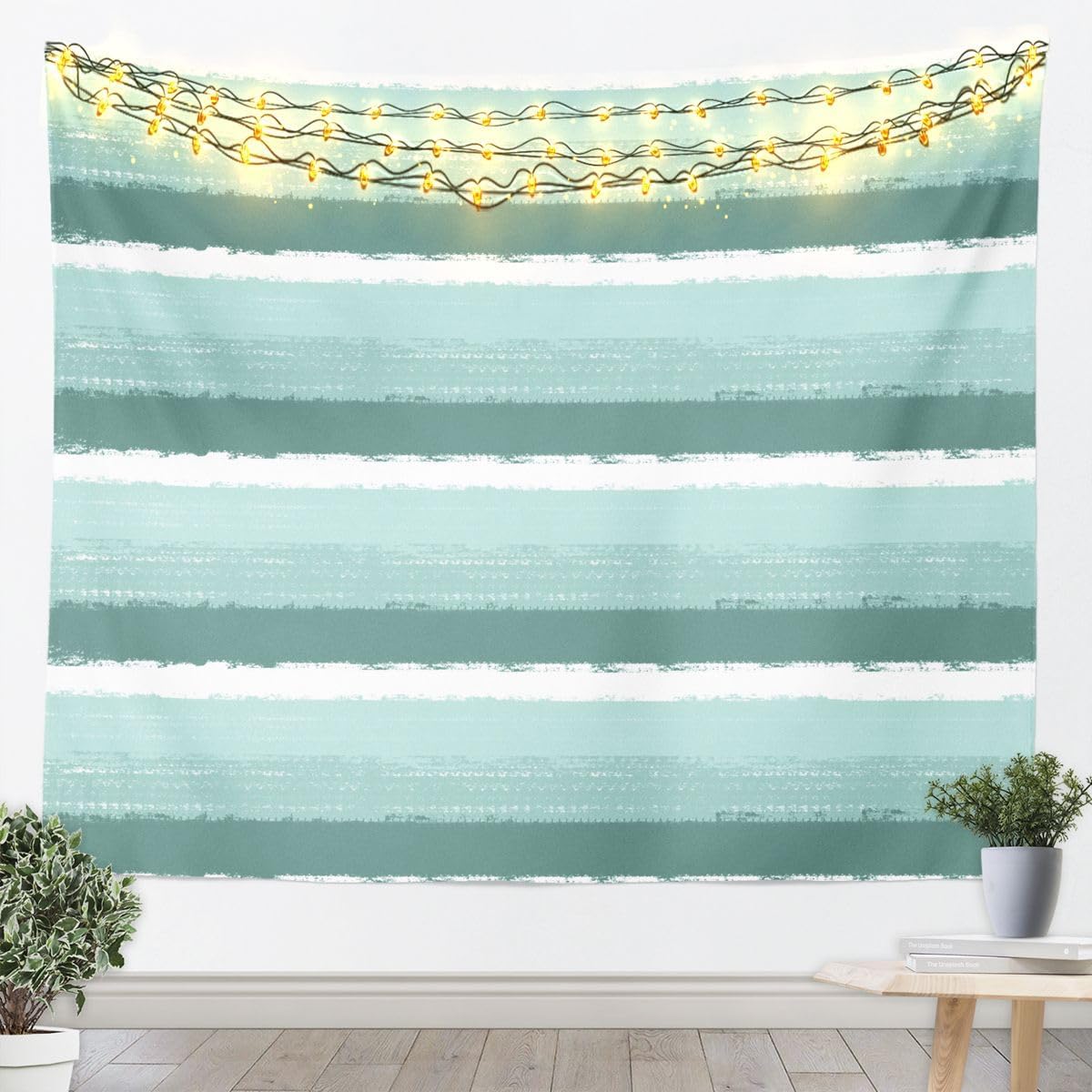 Feelyou Stripes Tapestry Light Green White Wall Art Geometric Wall Hanging Blanket for Living Room Bedroom Modern Striped Art Home Decor Medium 59"x59" Luxury