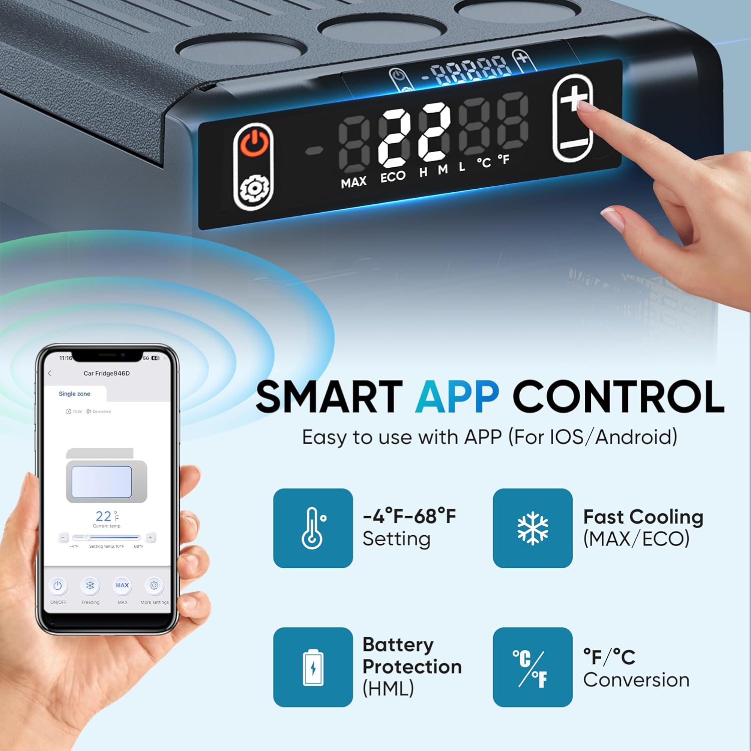 Close-up of the refrigerator's control panel with buttons for power, settings, and temperature adjustment, alongside a digital display. Also shows a smartphone screen with the control app.