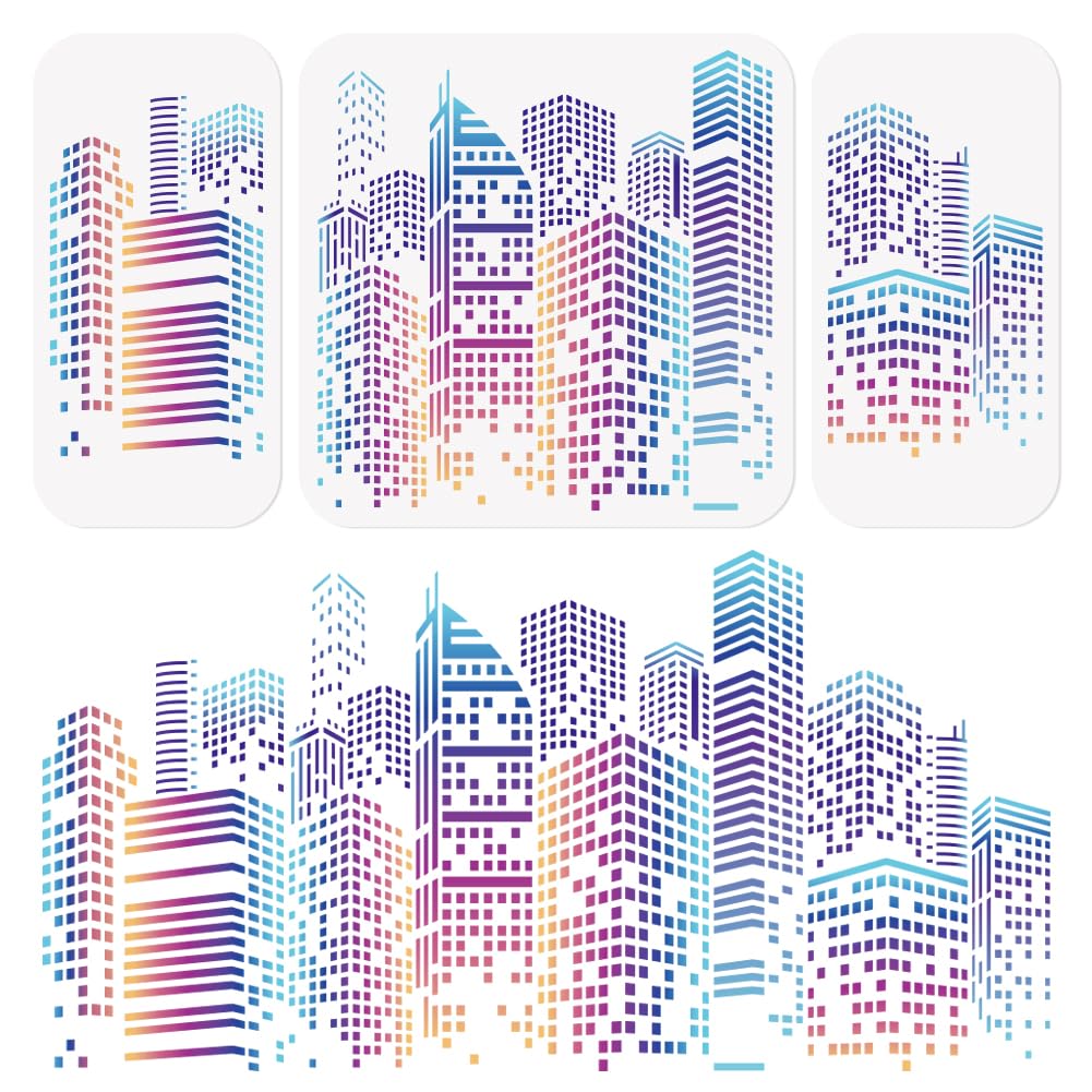 3Pcs Skyscraper Cityscape Skyline City Buildings Stencils Template DIY Crafts Reusable Plastic Stencils for Painting on Walls Floors Fabric Furniture