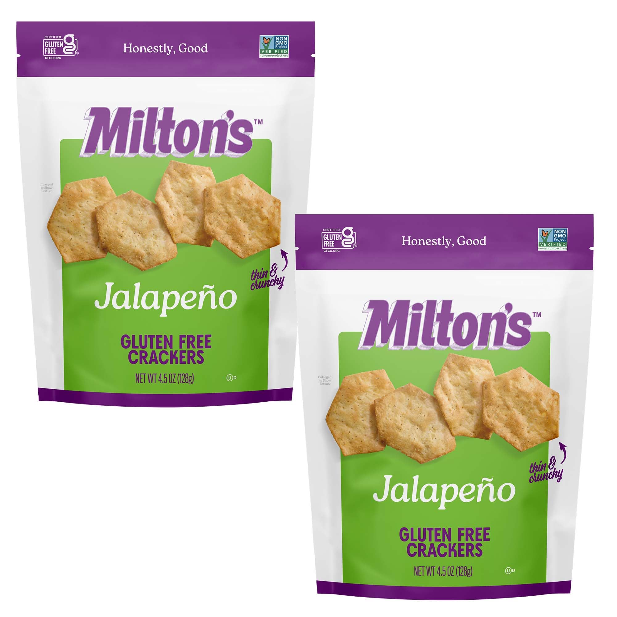 Milton’s Gluten Free Crackers, Jalapeño - Non-GMO Project Verified, Kosher, Certified Gluten Free Snack, 5 Grains In Every Bite - 4.5 Oz, Pack of 2