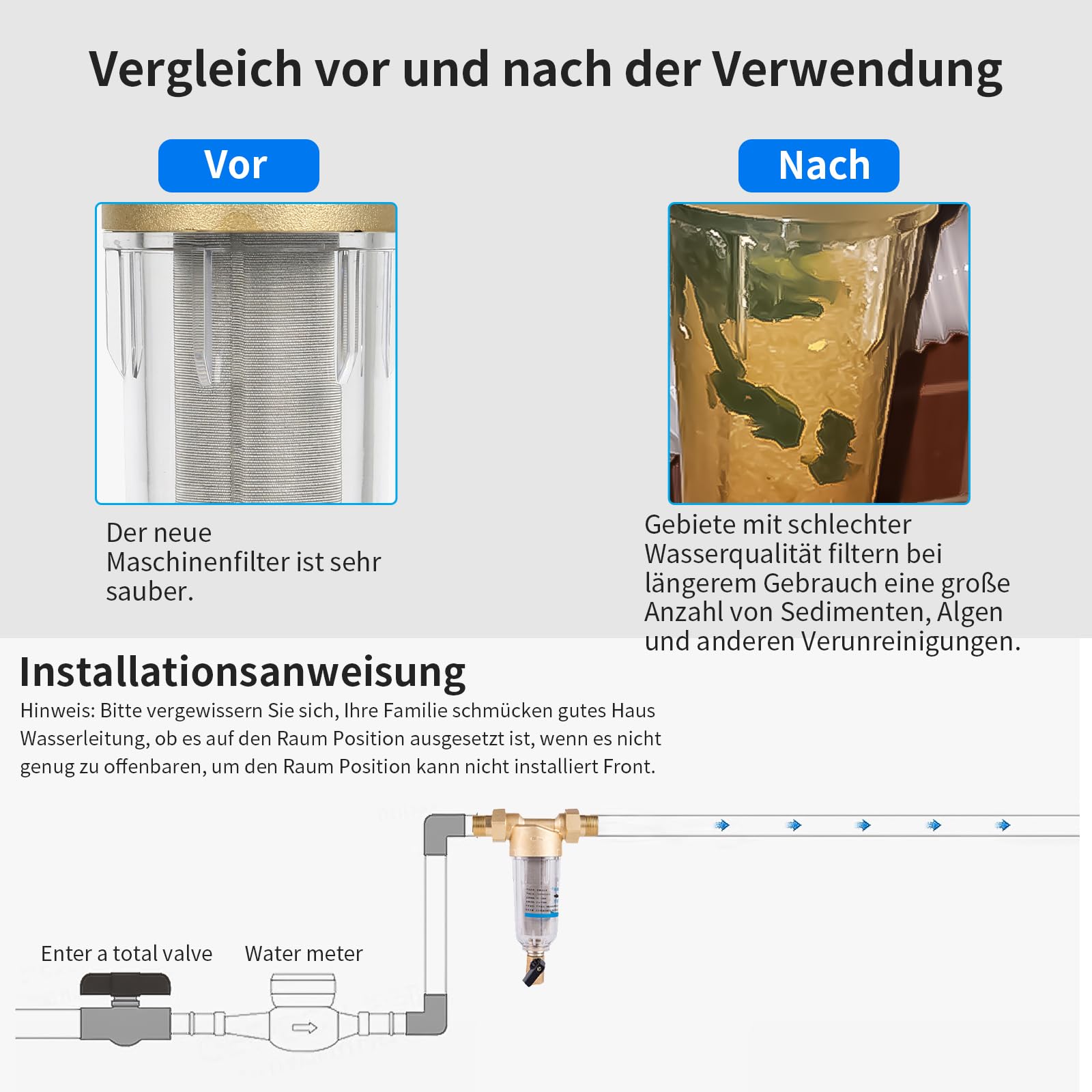 100 Mikron Rückspülfilter Wasserfilter Filter, Wiederverwendbarer Spin-Down-Sedimentwasserfilter, Vorfilter für Brunnenwasserschlauch Sedimentfilter (G 1" mit G 3/4")