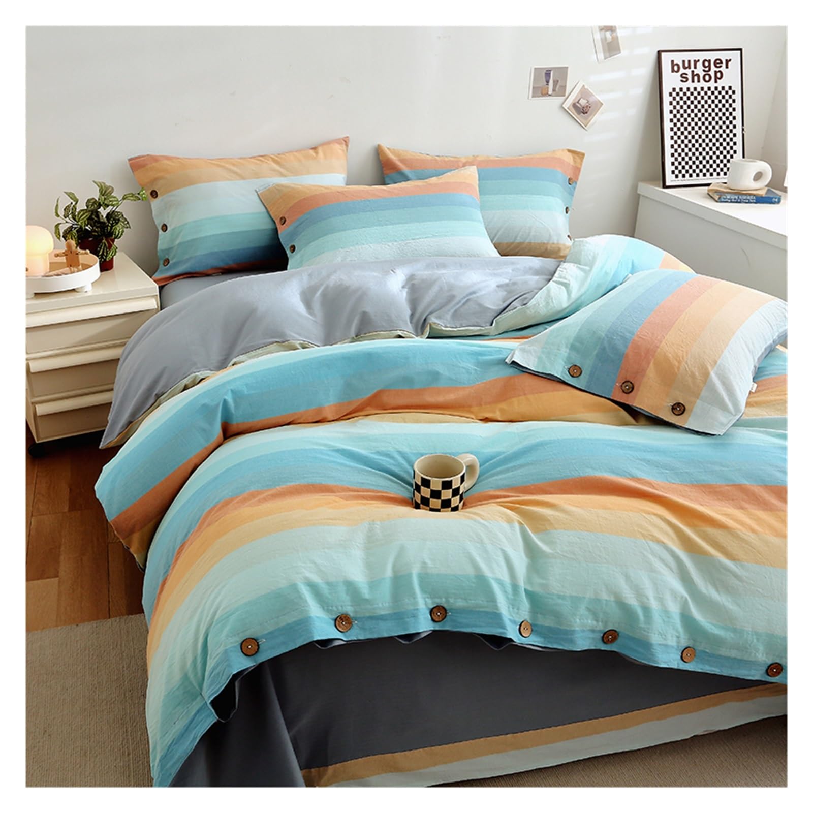 Set Copripiumino Set Copripiumino in Cotone a Righe Colorate, Tessuto 100% Cotone, Resistente, Traspirante, Naturale, Sognante, Chic Biancheria da Letto(Greyish Yellow,220x240cm)