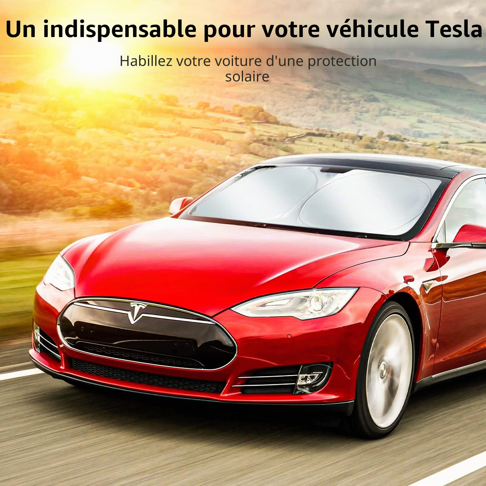 Pare-Soleil Pliable pour Tesla Model 3/Y (Mise À Jour 2026) – Pare-Brise Avant, Tissu Opaque Double Couche, avec Sac De Rangement – Accessoire pour Tesla Model 3 Model Y 2019-2026