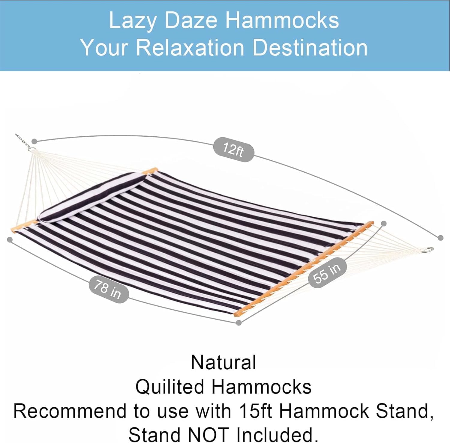 Lazy Daze Hammocks 12FT Quilted Fabric Double Hammock with Spreader Bars and Detachable Pillow, 2-Person for Outside Patio Poolside Backyard Beach, 450 lbs Capacity, Black White