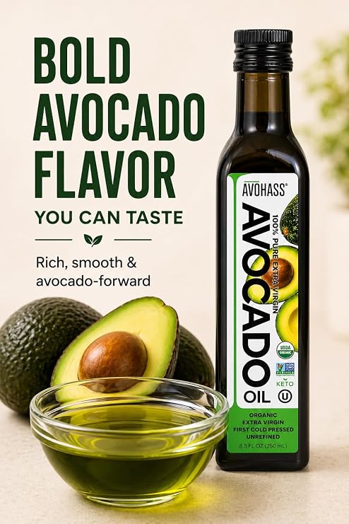 Avohass Organic Extra Virgin Avocado Oil, 8.5 oz, Cold Pressed, Unrefined | USDA certified; everyday cooking and finishing to 400F; buttery flavor; Non-GMO, Kosher; single dark glass bottle